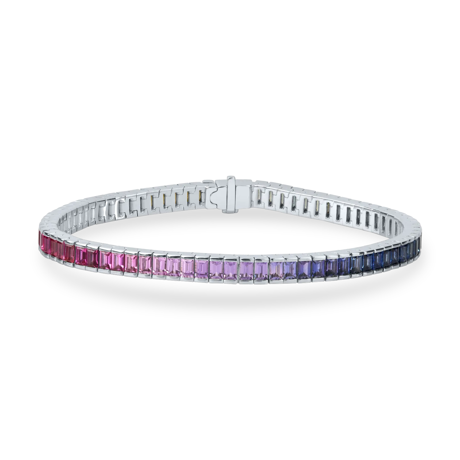 Bratara tennis din aur alb cu safire multicolore rectangulare de 6.91ct
