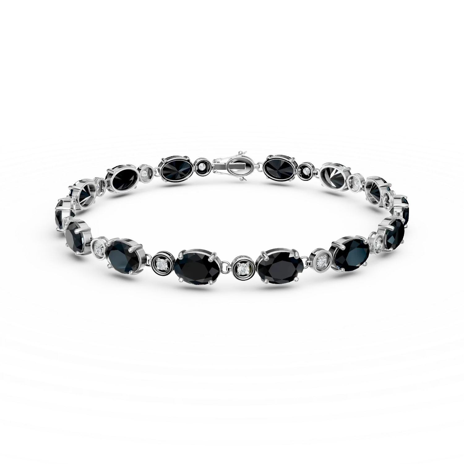 Bratara tennis din aur alb cu safire negre ovale de 16.1ct si diamante de 0.2ct
