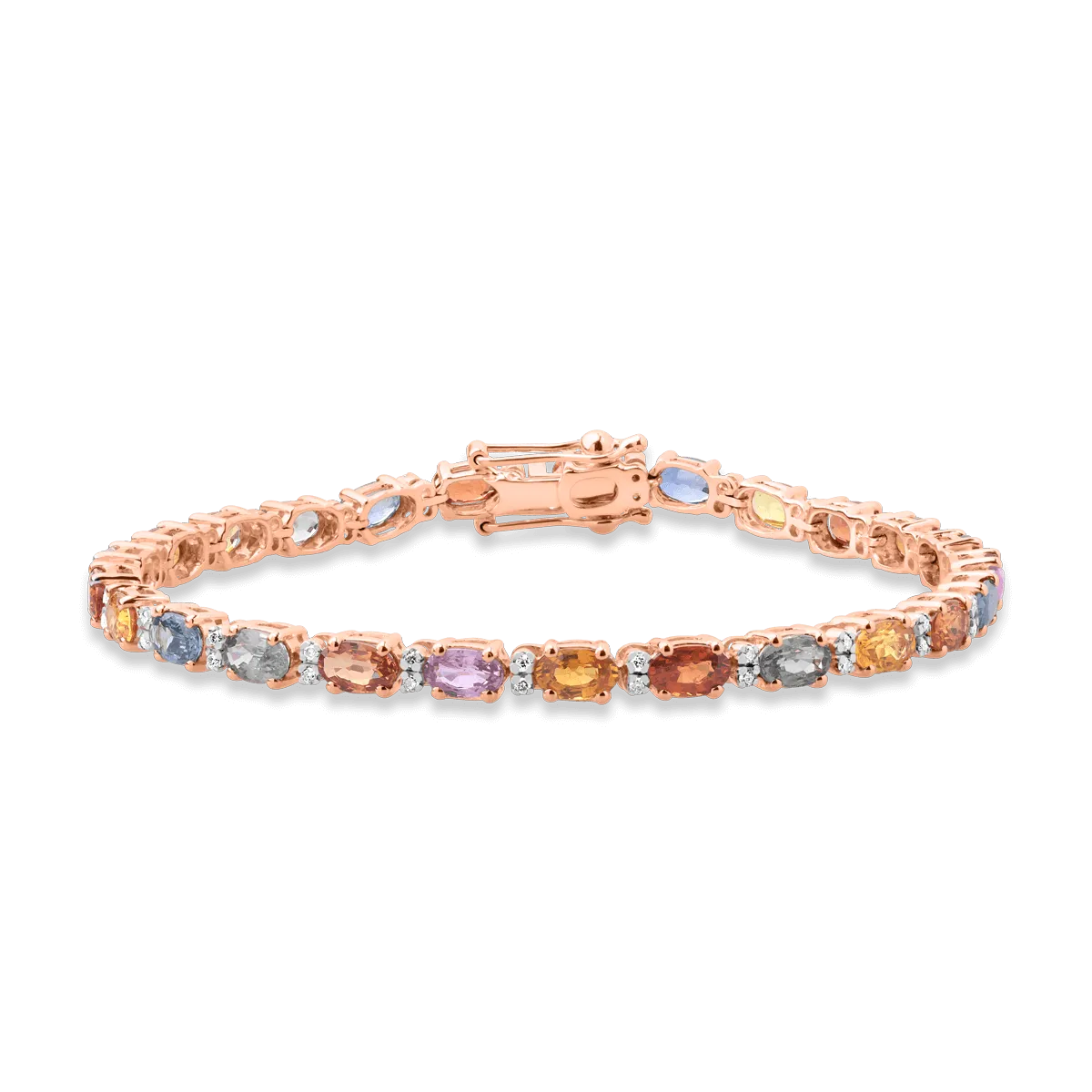 Bratara tennis din aur roz cu safire multicolore ovale de 8ct si diamante de 0.2ct