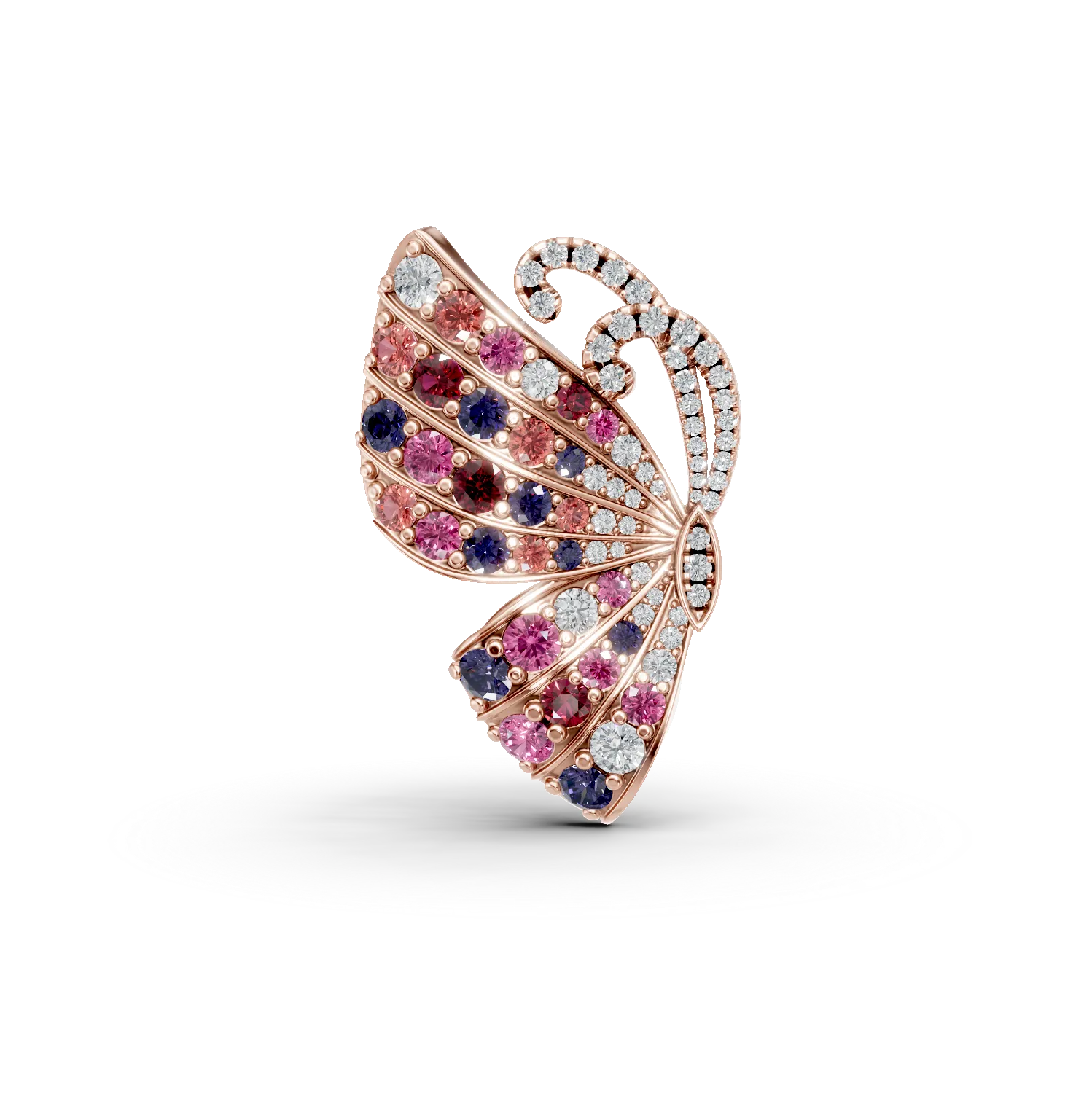 Brosa fluture din aur roz cu pietre pretioase si semipretioase de 1.6ct