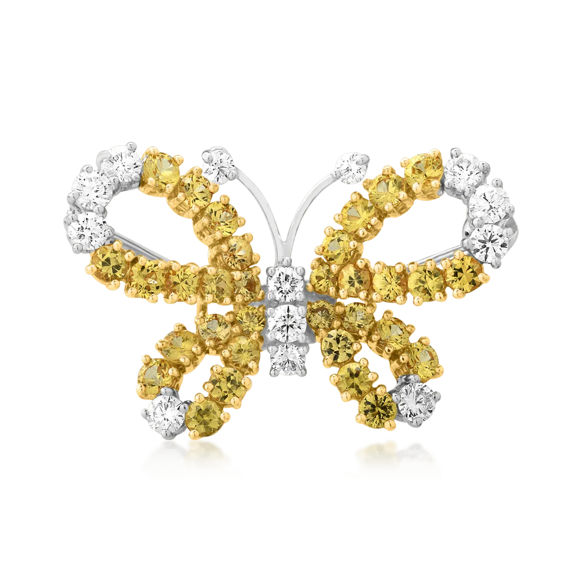 Brosa fluture din aur alb-galben cu safire galbene de 1.92ct si diamante de 0.68ct