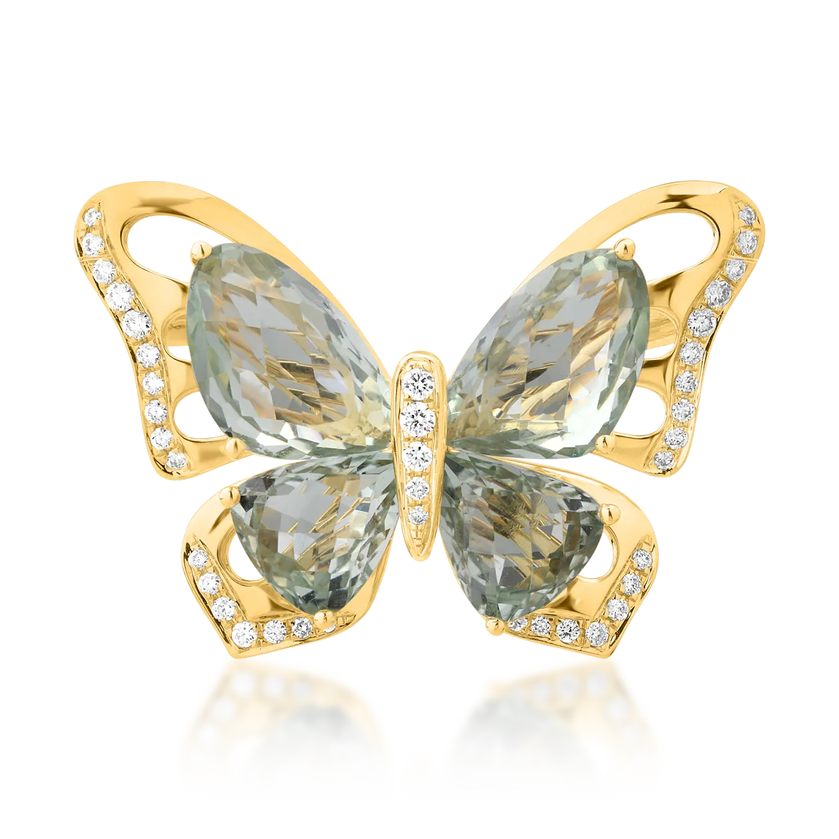 Brosa fluture din aur galben cu ametiste verzi de 11.8ct detasabile si diamante de 0.39ct