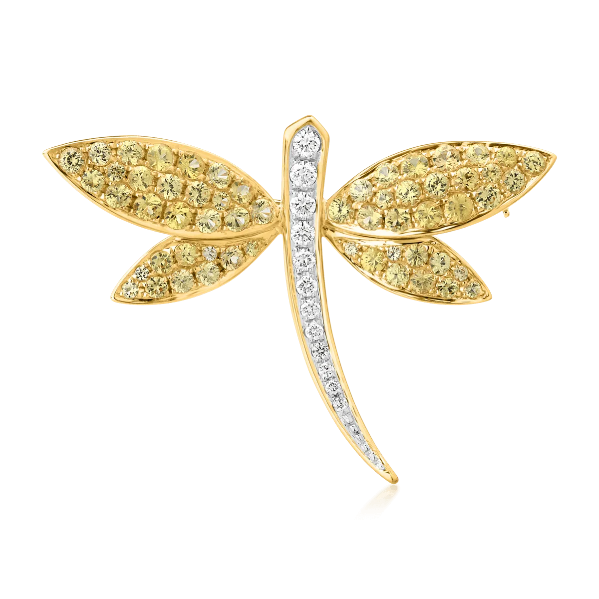 Brosa libelula din aur alb-galben cu safire galbene de 1.72ct si diamante de 0.2ct