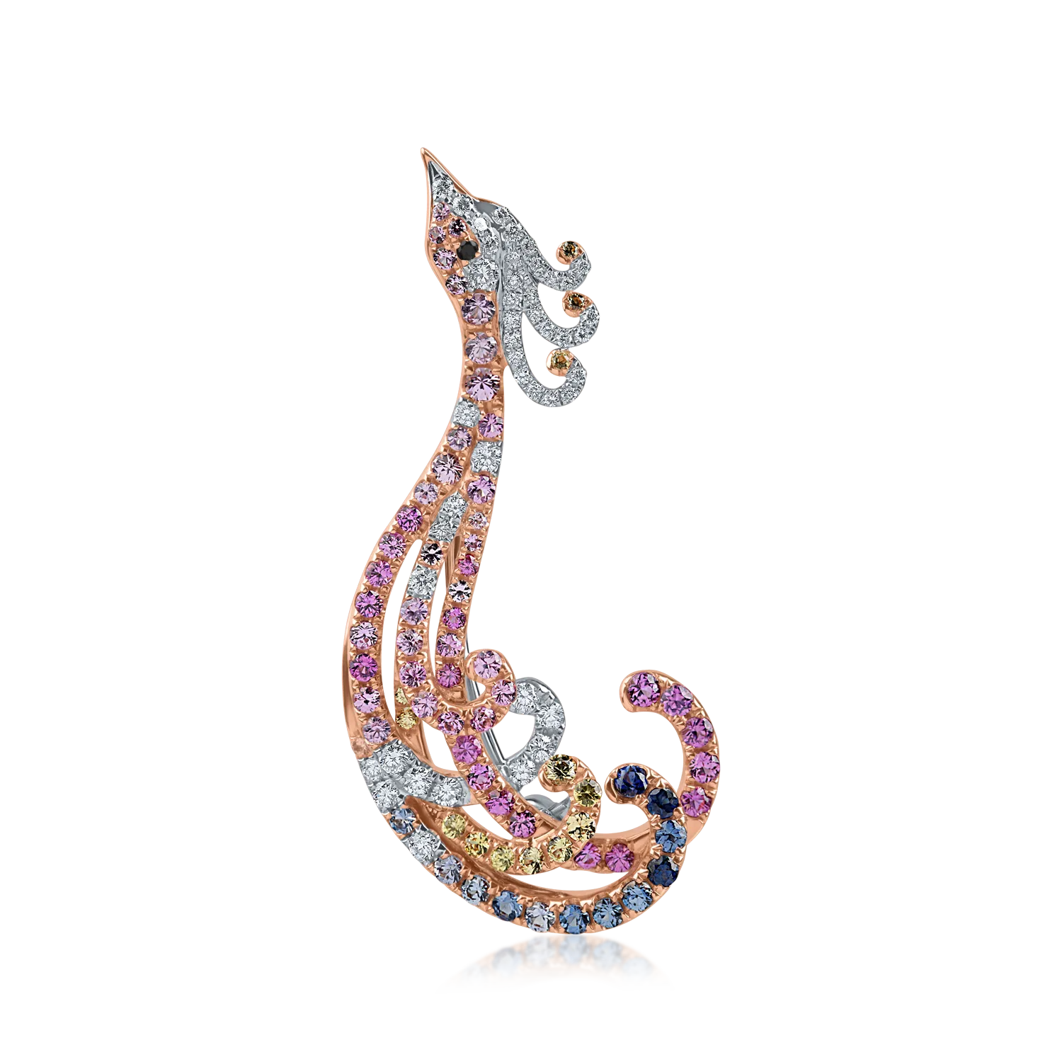 Brosa paun din aur alb-roz cu diamante de 0.3ct si safire multicolore de 0.5ct