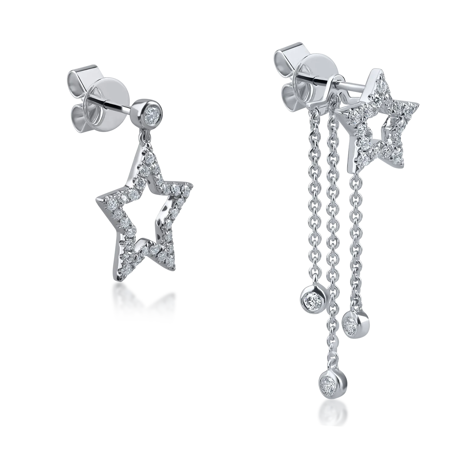 Cercei asimetrici cu stele din aur alb cu diamante de 0.47ct