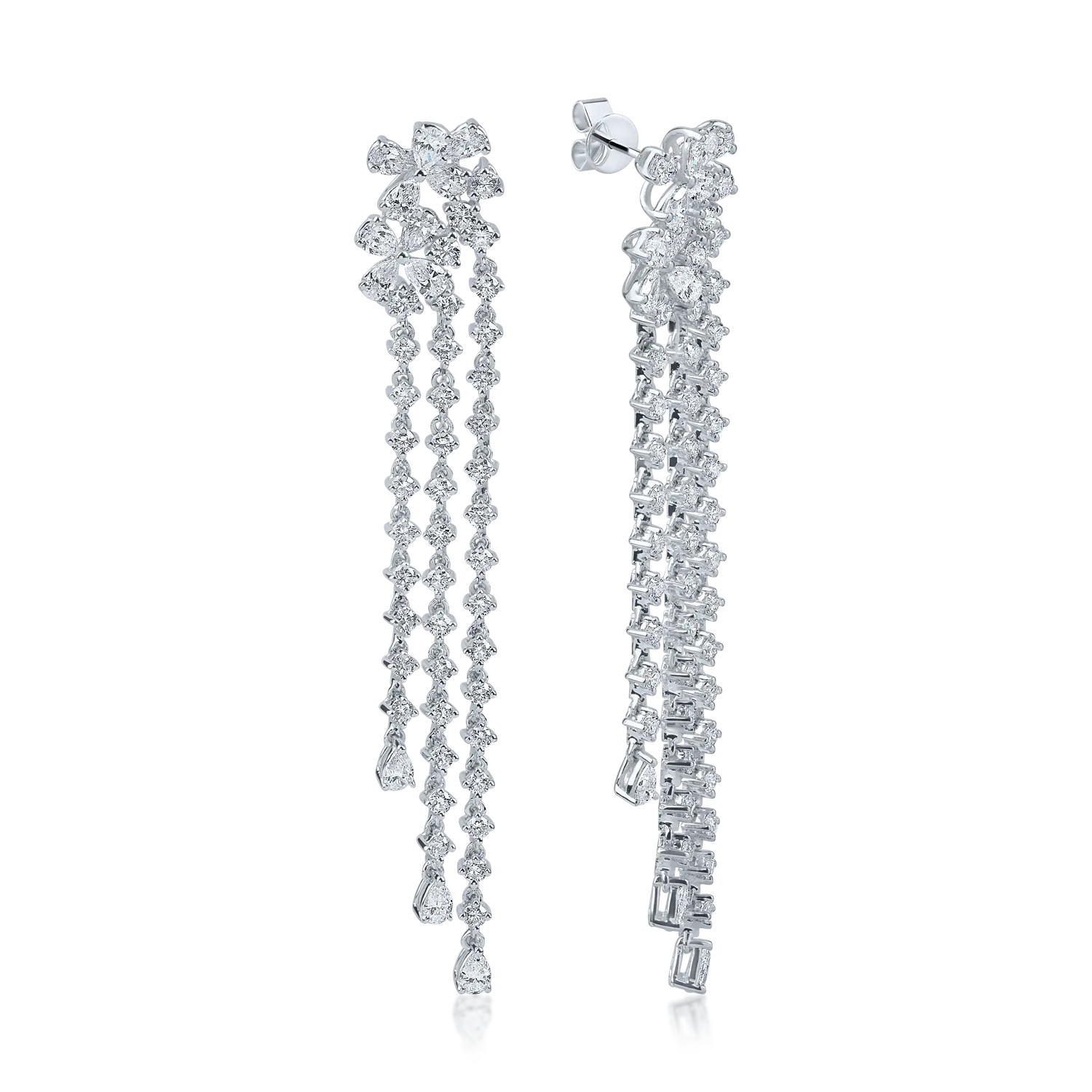Cercei candelabru din aur alb cu diamante pear si rotunde de 4.21ct