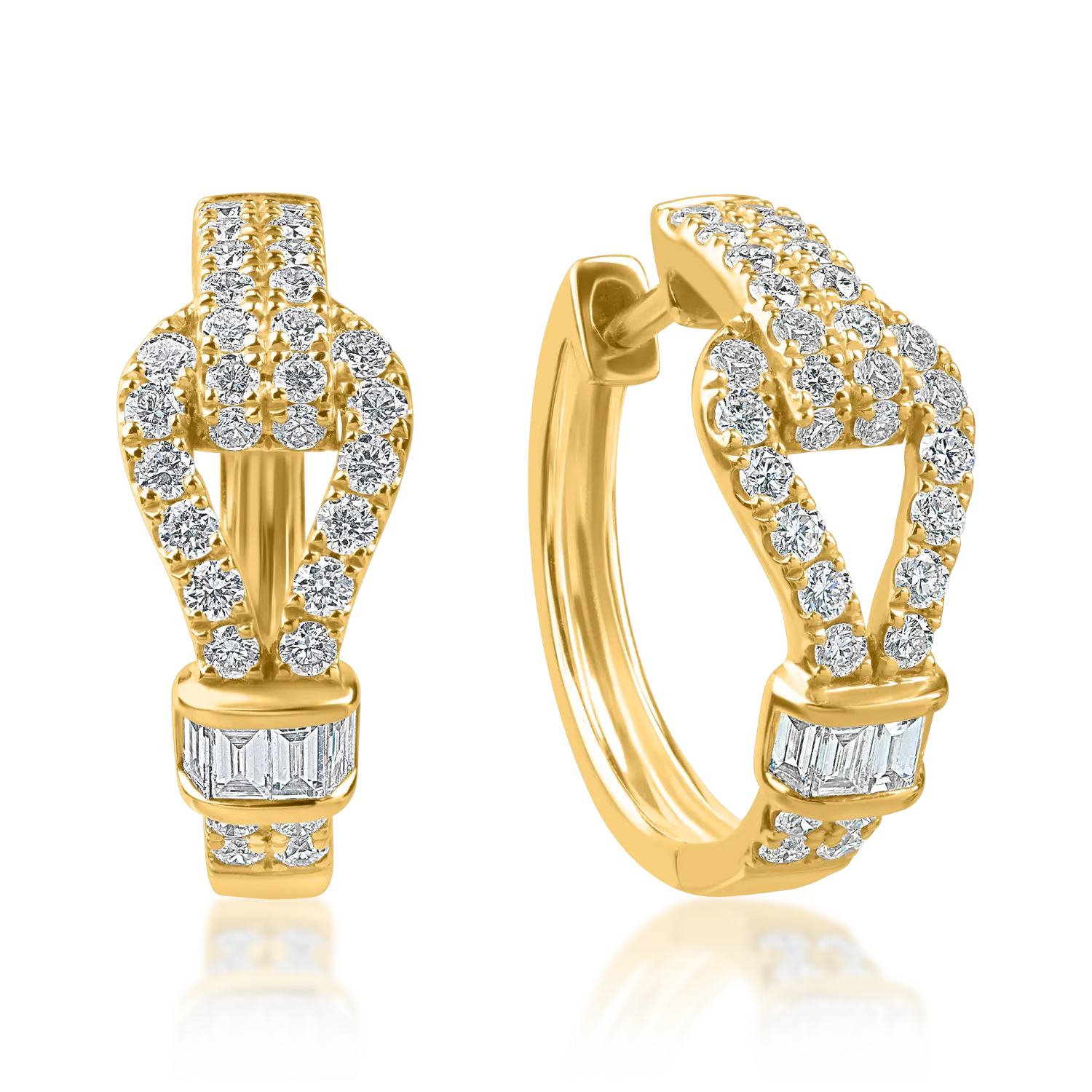 Cercei creole din aur galben cu diamante baguette si rotunde de 0.89ct