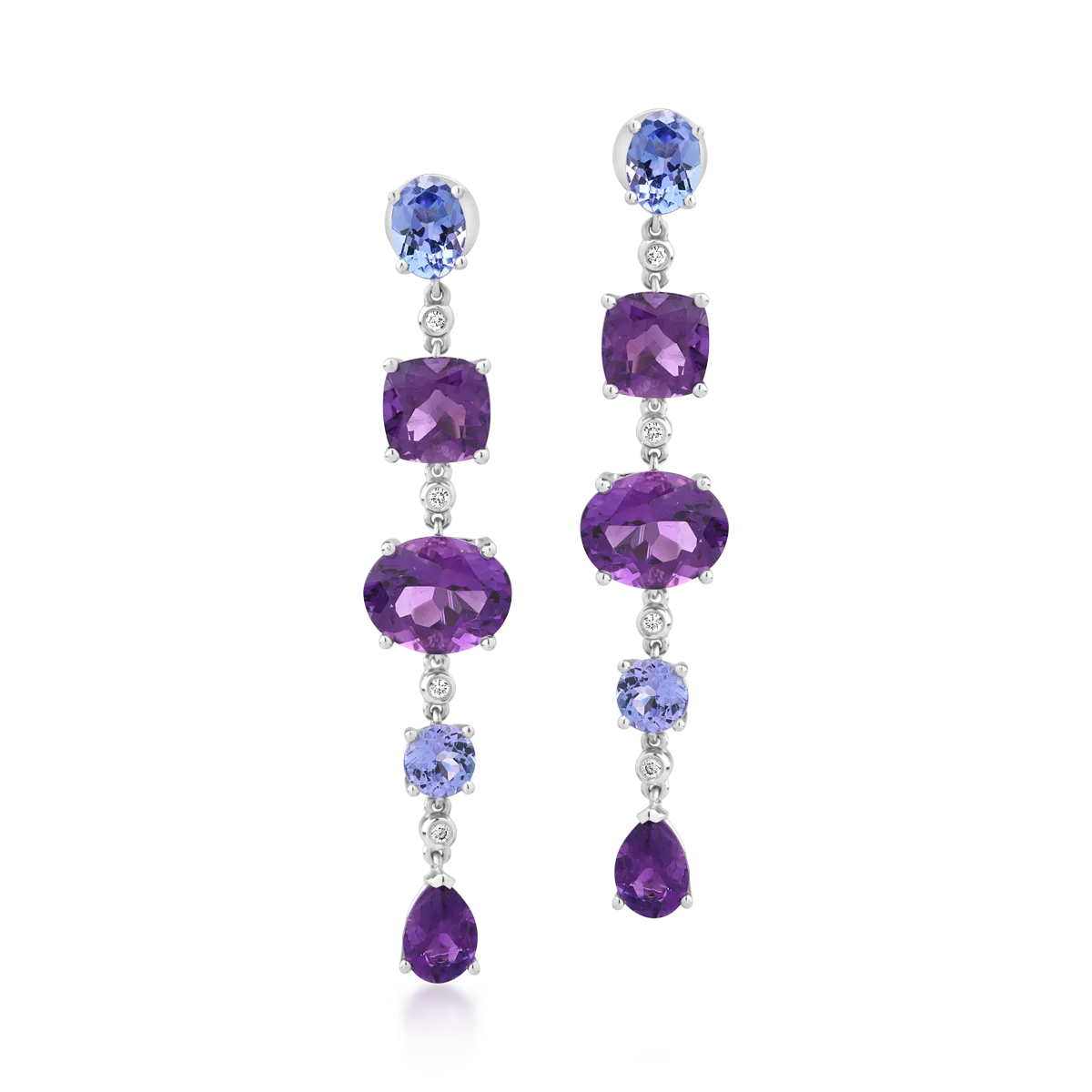 Cercei din aur alb cu ametiste ovale, pear si cushion de 8.2ct si tanzanite ovale si rotunde de1.7ct
