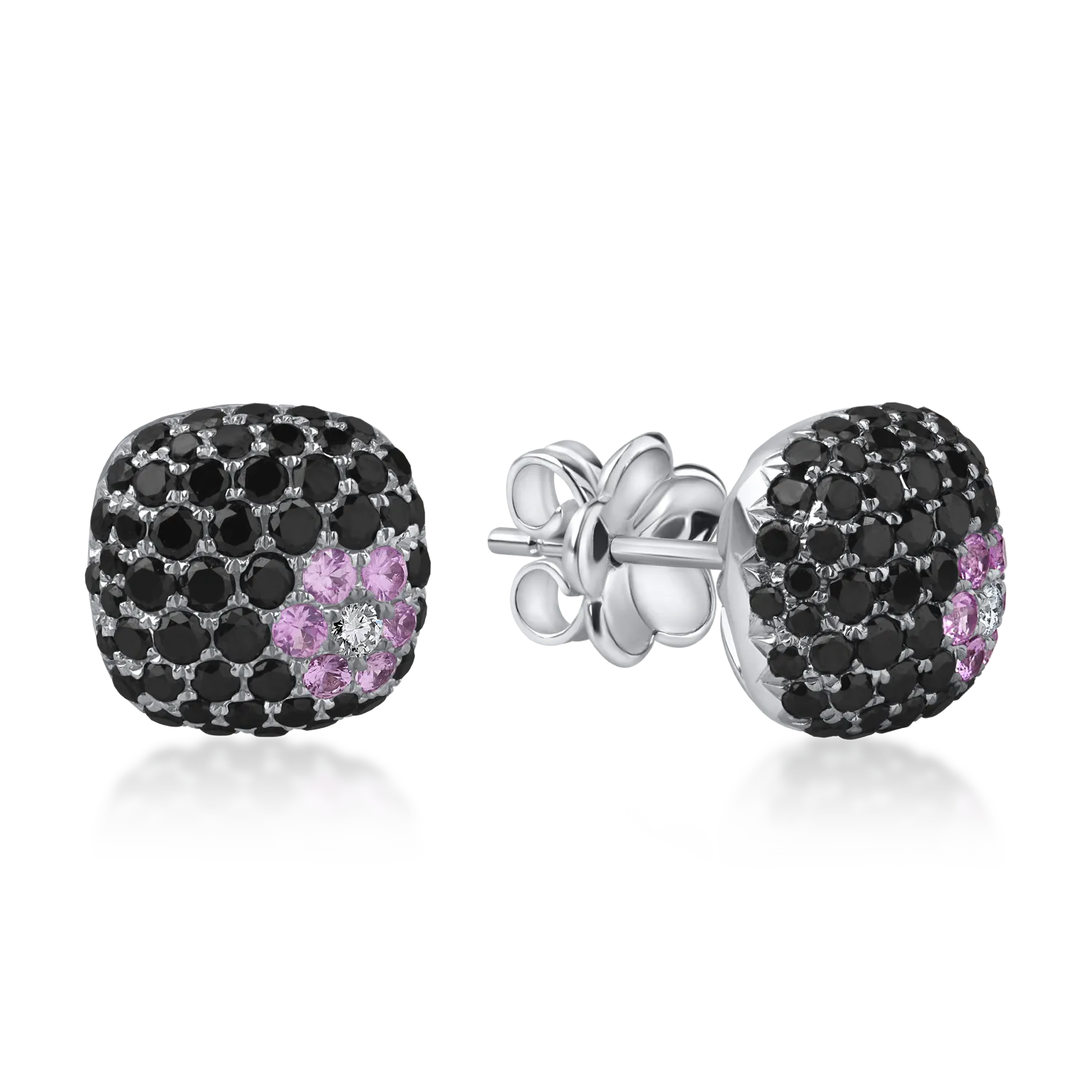 Cercei din aur alb cu diamante negre si incolore de 1.6ct si safire roz de 0.2ct