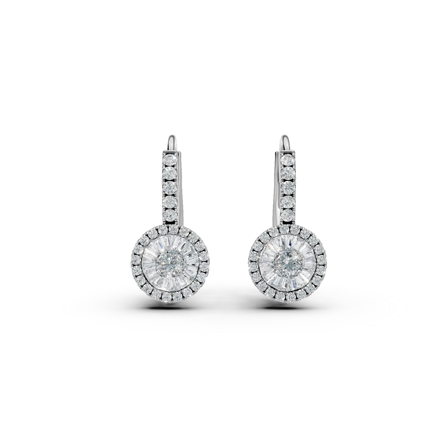 Cercei din aur alb cu diamante baguette si rotunde de 0.5ct