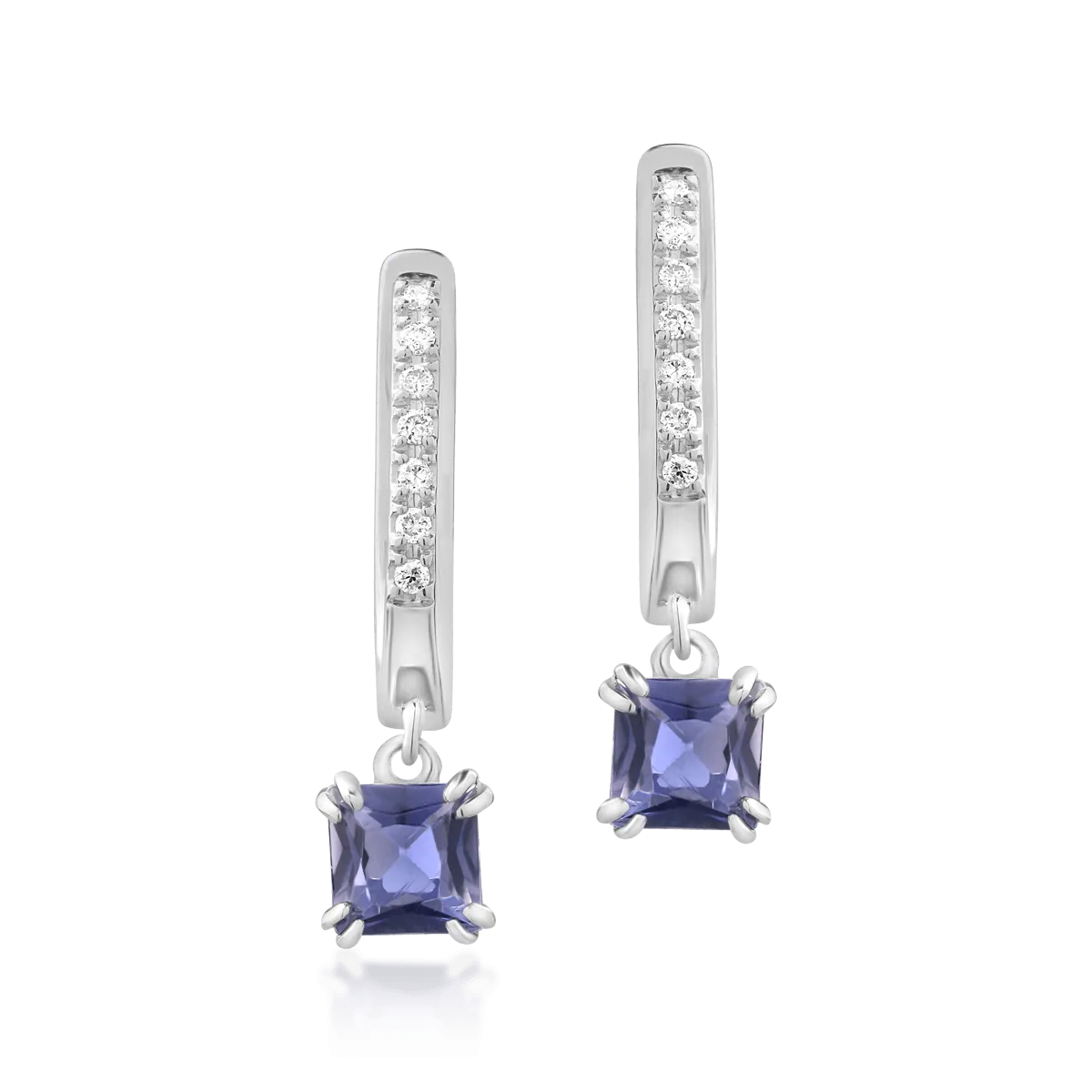 Cercei din aur alb cu iolite princess de 0.55ct si diamante de 0.06ct