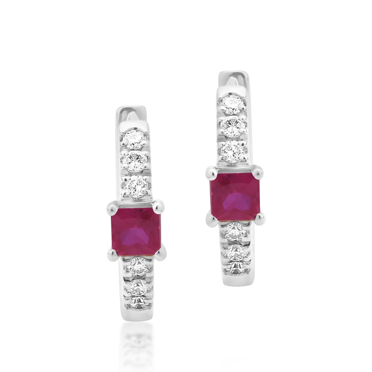 Cercei din aur alb cu rubine princess de 0.14ct si diamante de 0.06ct
