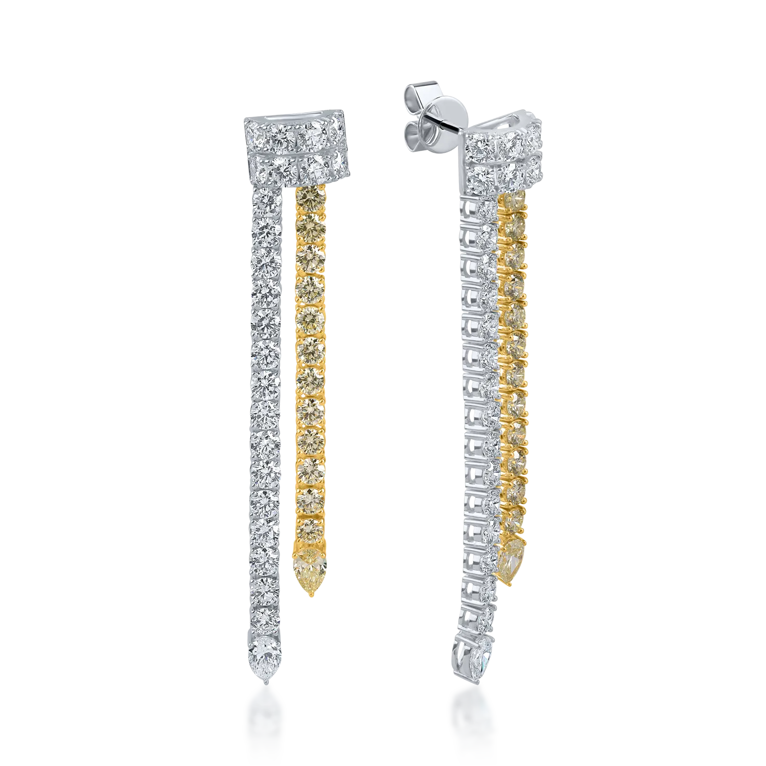 Cercei din aur alb-galben cu diamante galbene si incolore pear si rotunde de 8.23ct 1 Cercei din aur alb-galben cu diamante galbene si incolore pear si rotunde de 8.23ct