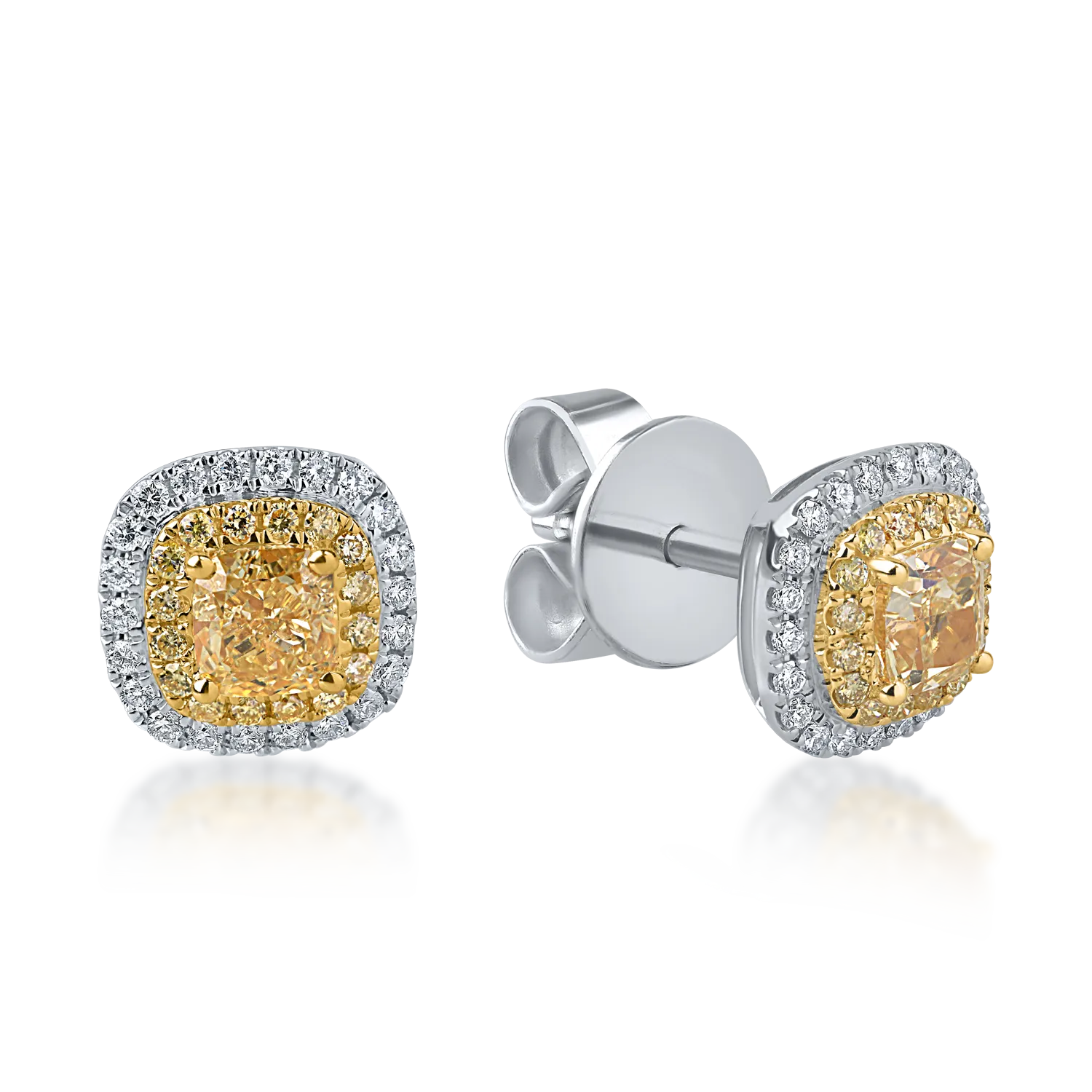 Cercei din aur alb-galben cu diamante galbene si incolore de 1.37ct taietura cushion si round