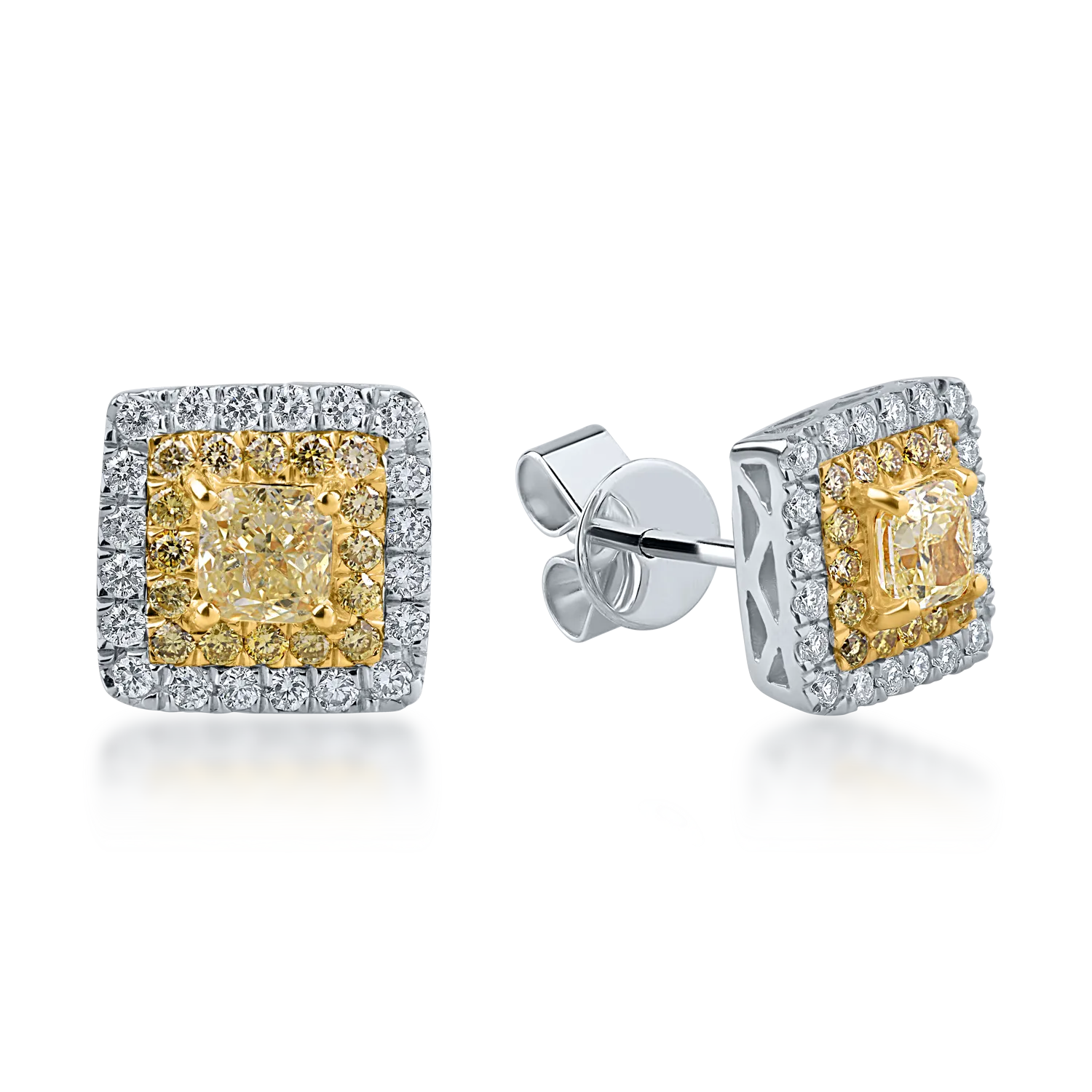 Cercei din aur alb-galben cu diamante galbene si incolore de 1.31ct taietura cushion si round