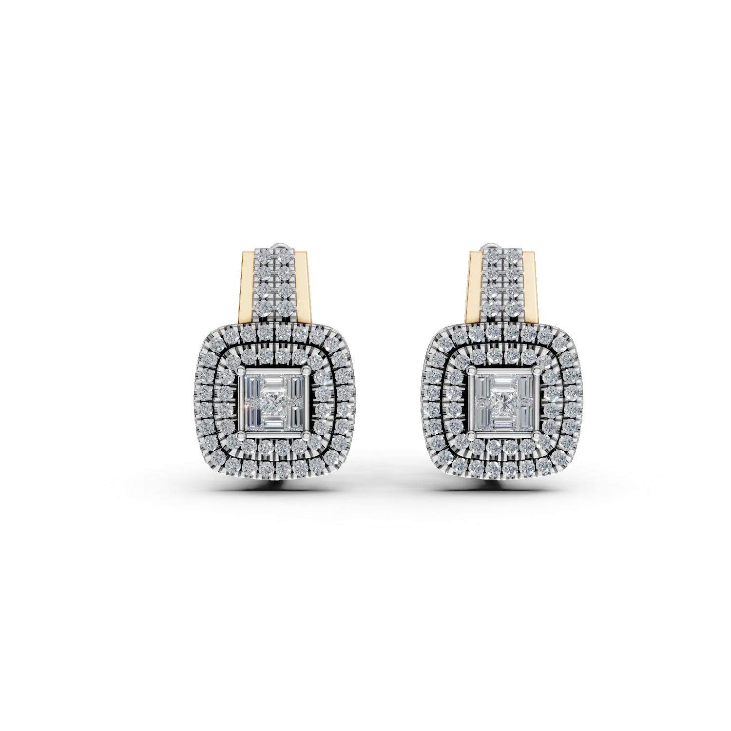 Cercei din aur alb-galben cu diamante princess,baguette si rotunde de 0.58ct 1 Cercei din aur alb-galben cu diamante princess,baguette si rotunde de 0.58ct