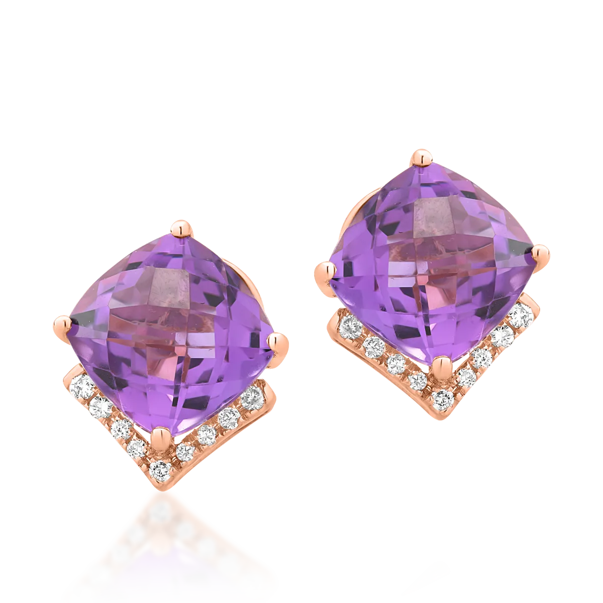 Cercei din aur roz cu ametiste cushion de 4.5ct si diamante de 0.1ct 1 Cercei din aur roz cu ametiste cushion de 4.5ct si diamante de 0.1ct