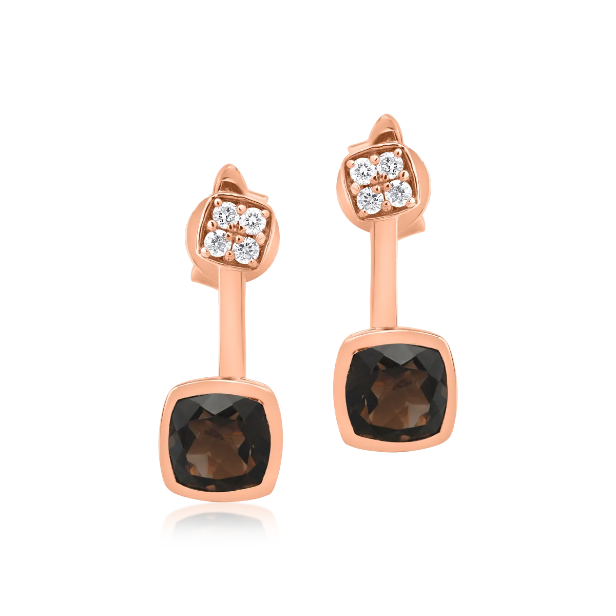Cercei din aur roz cu quartz fumuriu de 1.5ct si diamante de 0.1ct 1 Cercei din aur roz cu quartz fumuriu de 1.5ct si diamante de 0.1ct