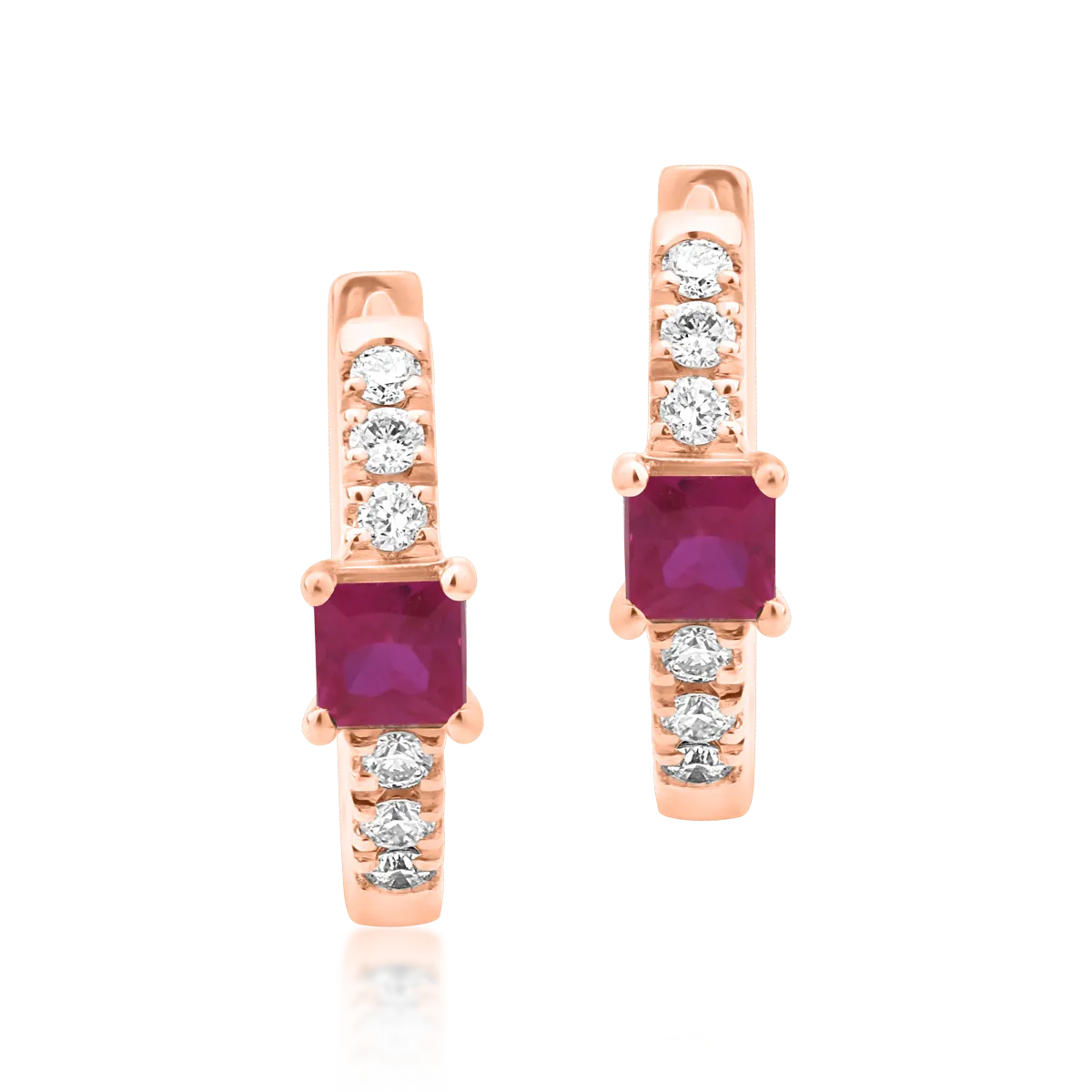 Cercei din aur roz cu rubine princess de 0.15ct si diamante de 0.06ct 1 Cercei din aur roz cu rubine princess de 0.15ct si diamante de 0.06ct