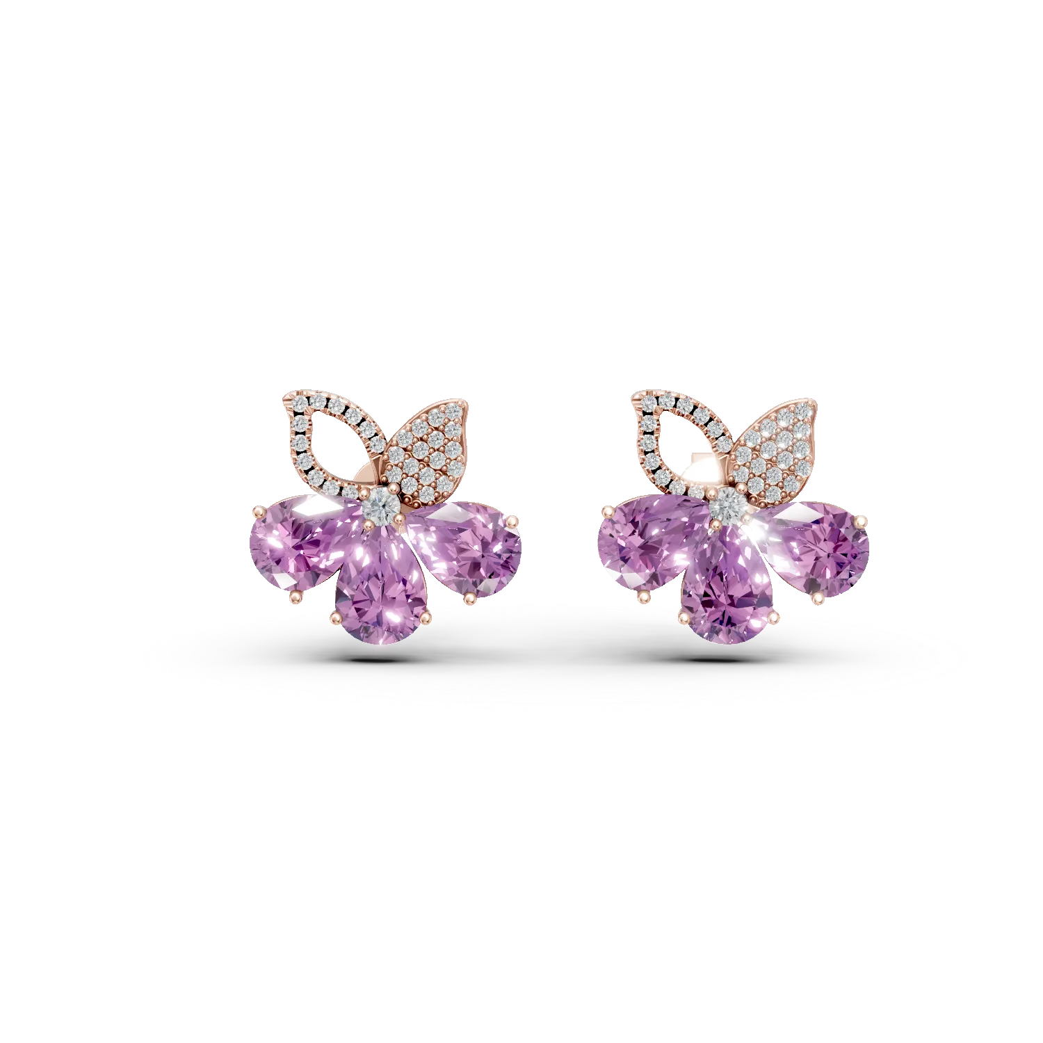Cercei floare din aur roz cu ametiste pear de 5.9ct si diamante de 0.4ct 1 Cercei floare din aur roz cu ametiste pear de 5.9ct si diamante de 0.4ct