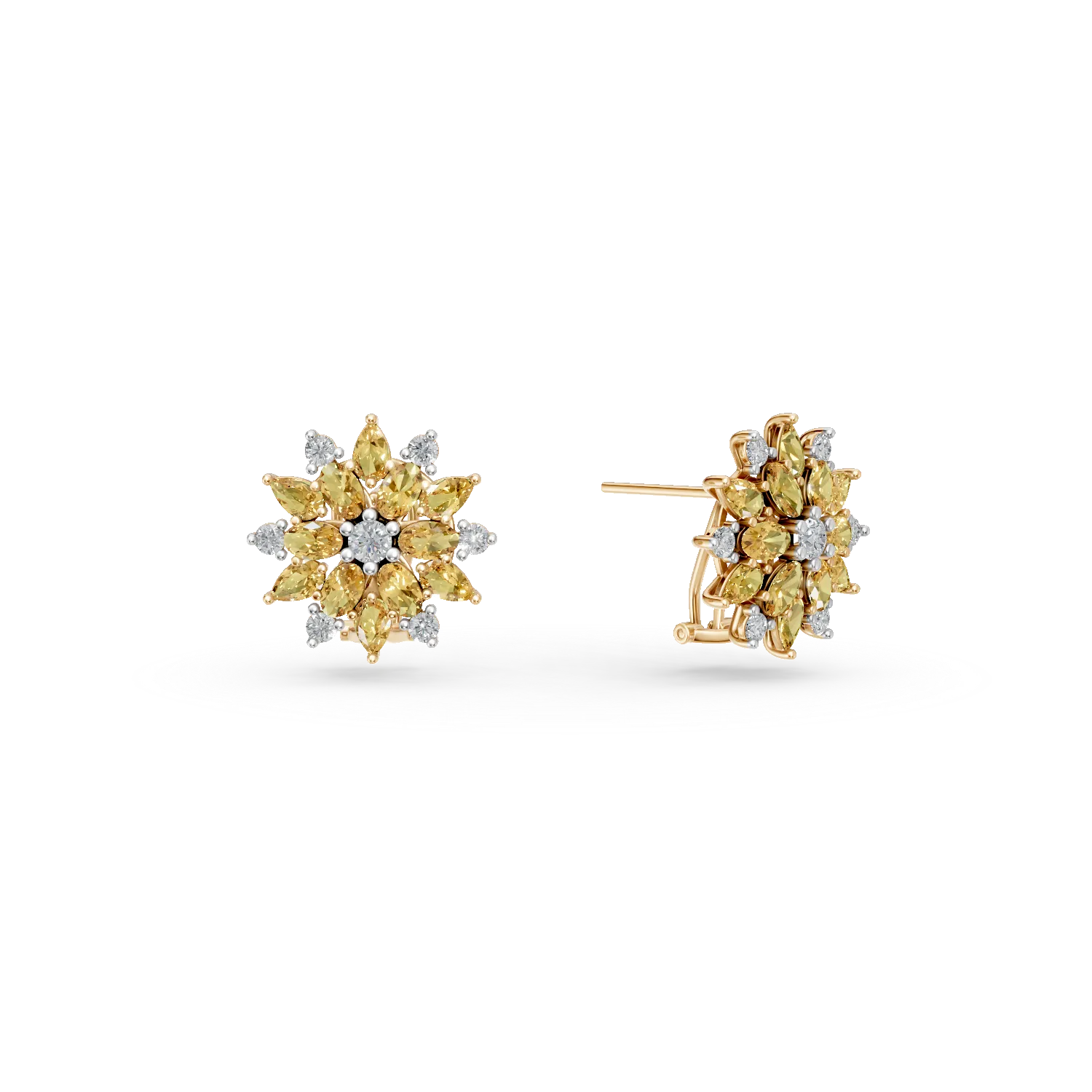 Cercei florali din aur galben cu diamante galbene si incolore de 5.19ct