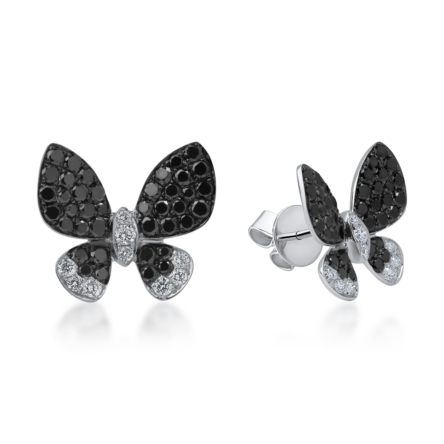 Cercei fluture din aur alb-negru cu diamante incolore de 0.34ct si diamante negre de 1.43ct
