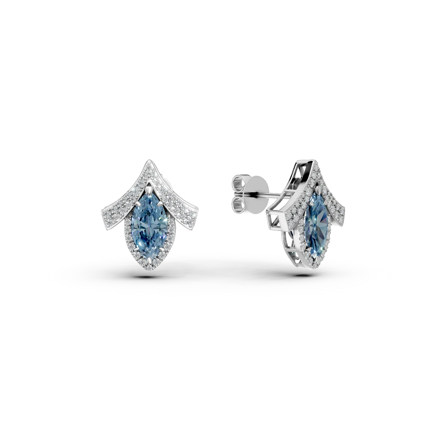 Cercei geometrici din aur alb cu diamante albastre marquise si incolore de 2.5ct create in laborator 1 Cercei geometrici din aur alb cu diamante albastre marquise si incolore de 2.5ct create in laborator