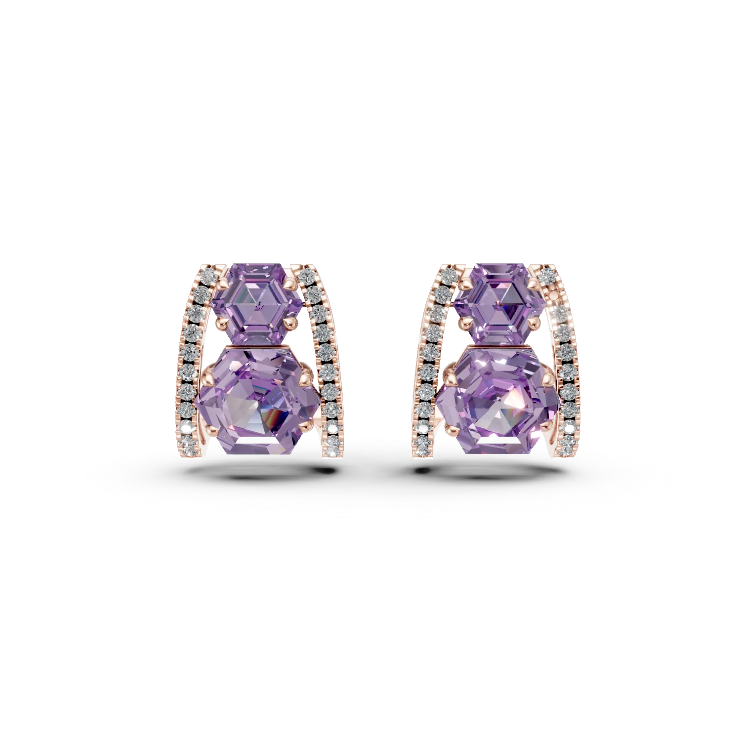 Cercei geometrici din aur roz cu ametiste hexagonale de 3.06ct si diamante de 0.2ct