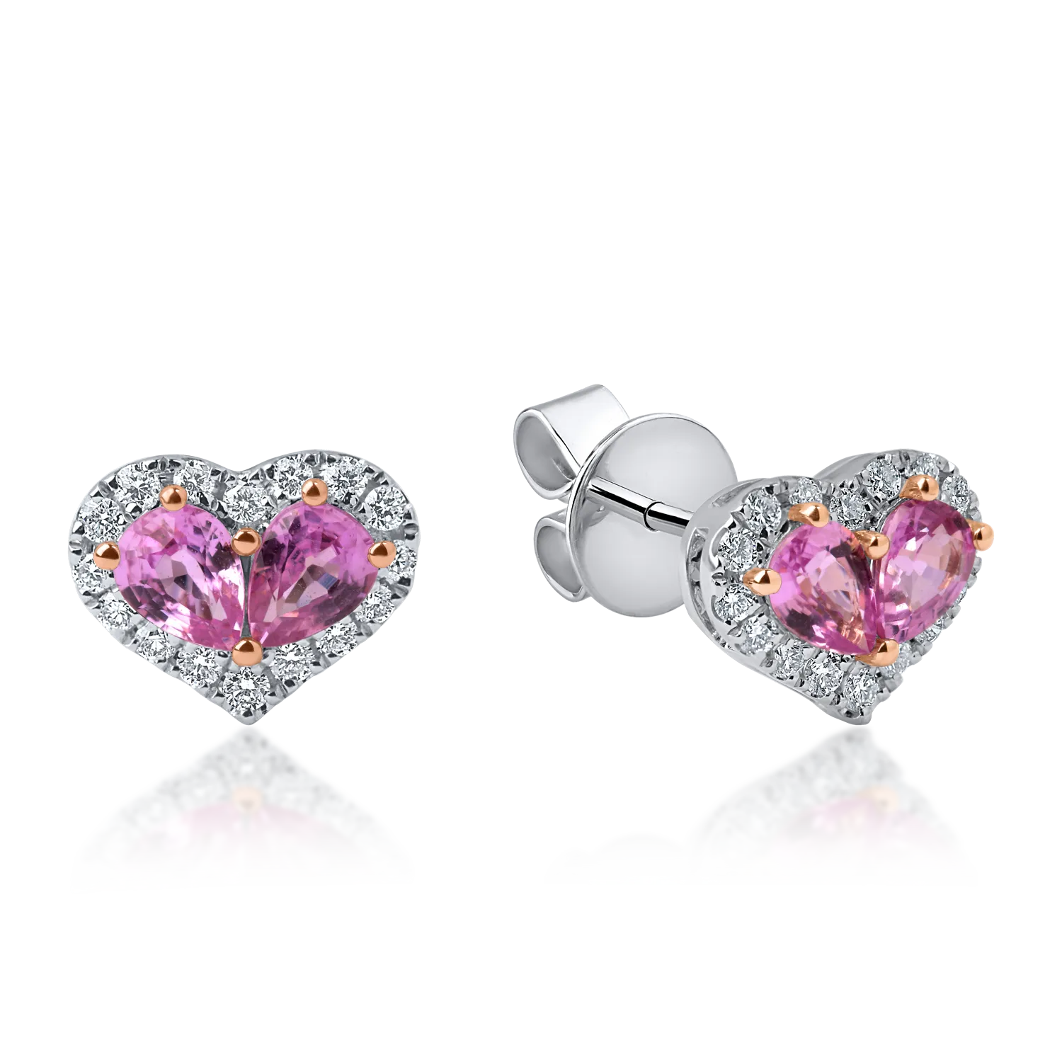 Cercei inimi din aur alb-roz cu safire roz pear de 0.7ct si diamante de 0.17ct