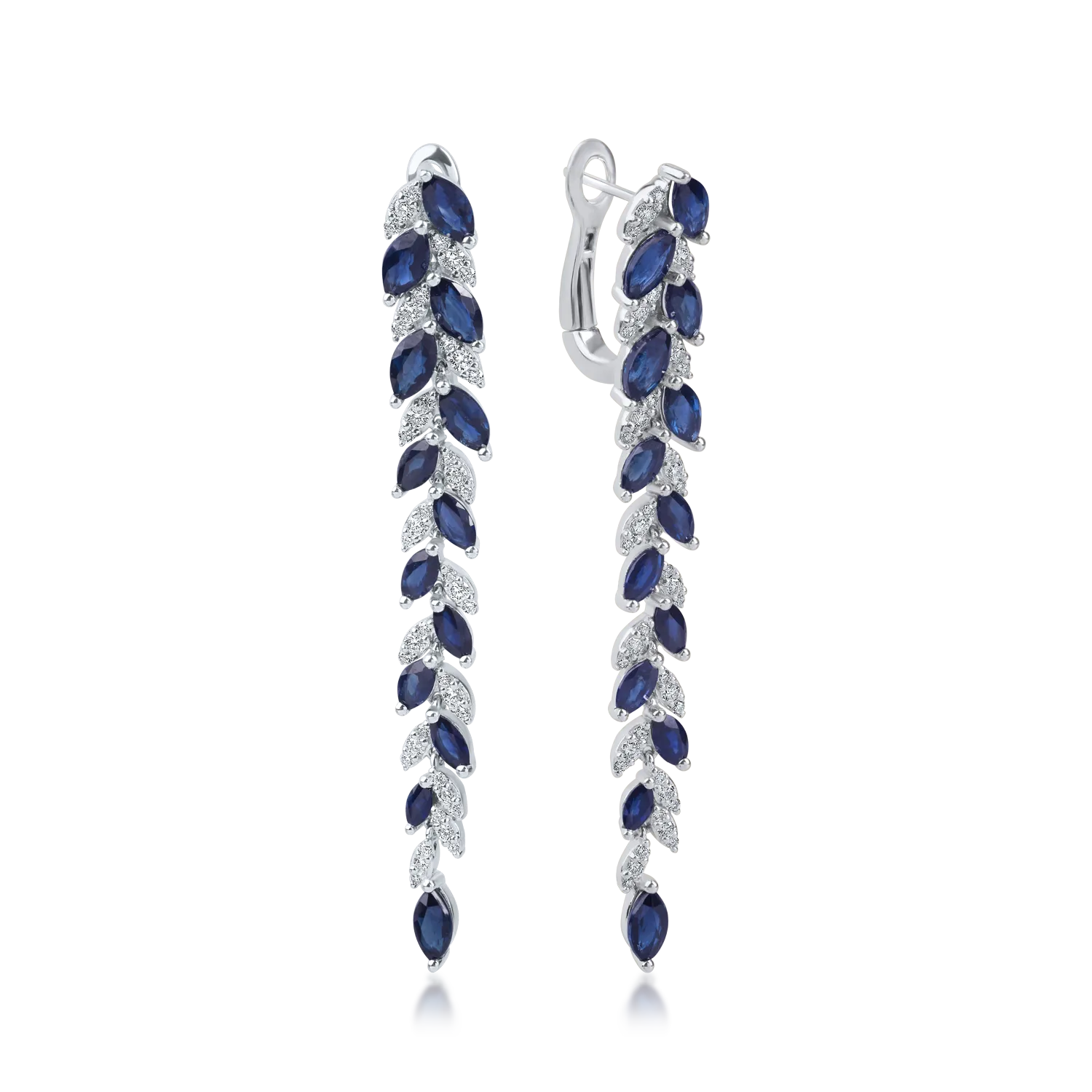 Cercei lungi din aur alb cu safire de 6.6ct si diamante de 0.84ct