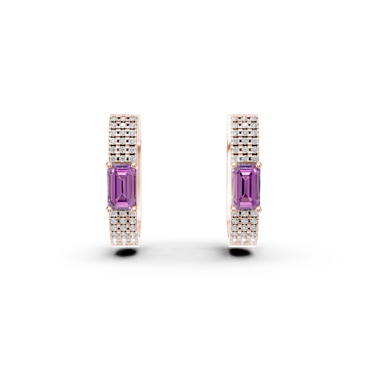 Cercei on ear din aur roz cu safire roz baguette de 0.5ct si diamante rotunde de 0.1ct