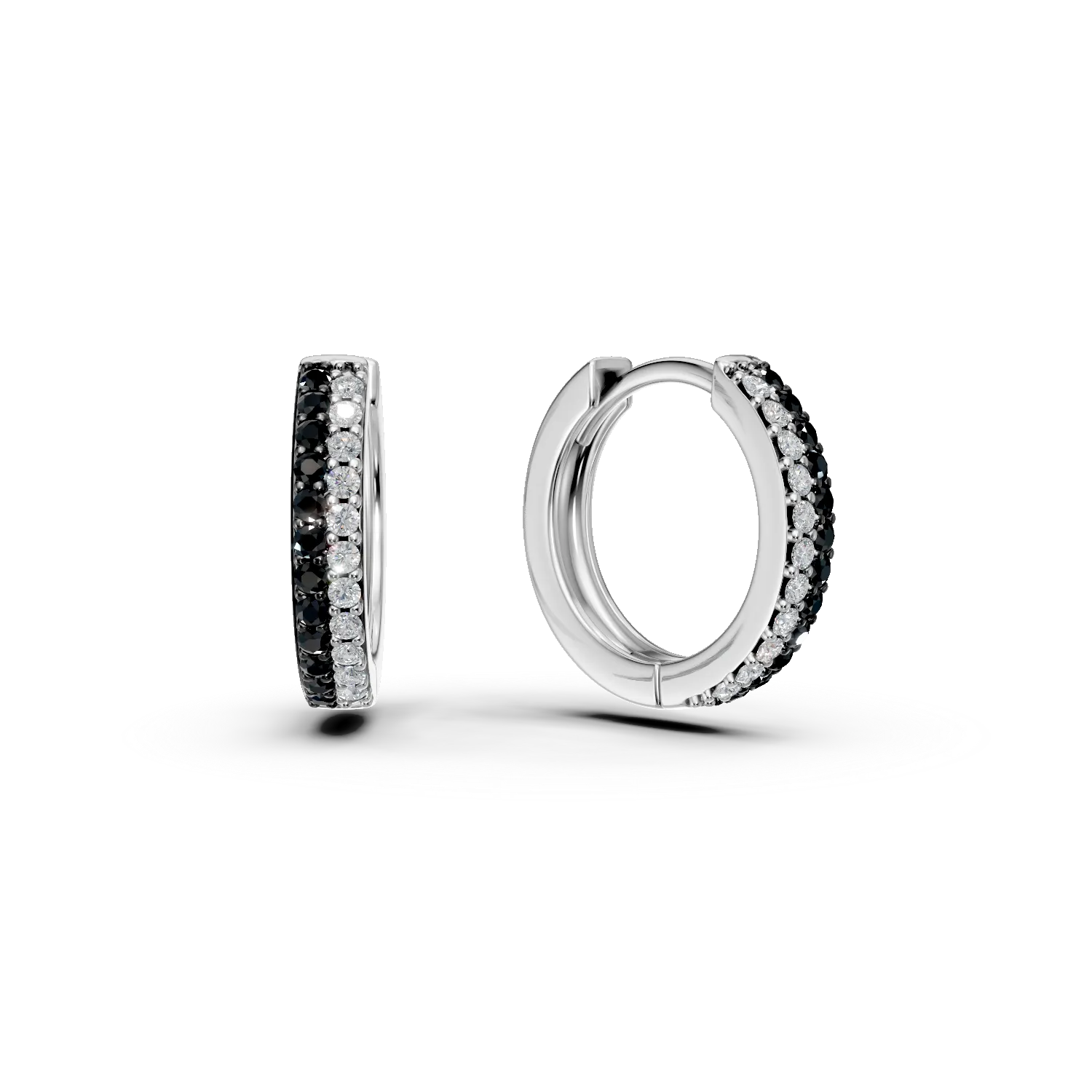 Cercei rotunzi din aur alb cu diamante negre si albe de 0.22ct
