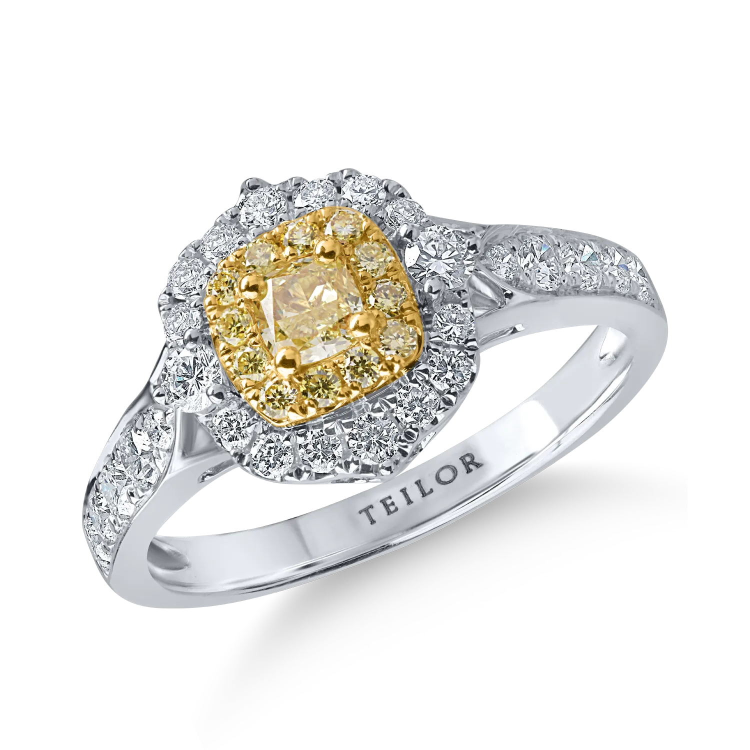 Inel clasic din aur alb-galben cu diamante galbene si incolore de 0.92ct