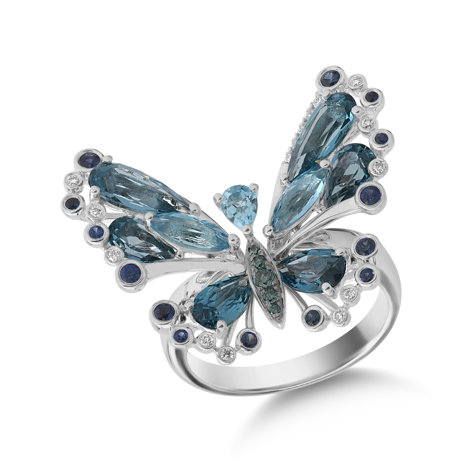 Inel cu fluture din aur alb cu pietre pretioase si semipretioase de 4.9ct