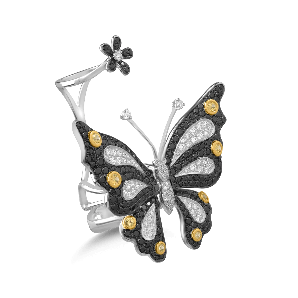Inel cu fluture si floare din aur alb cu pietre pretioase de 3.53ct