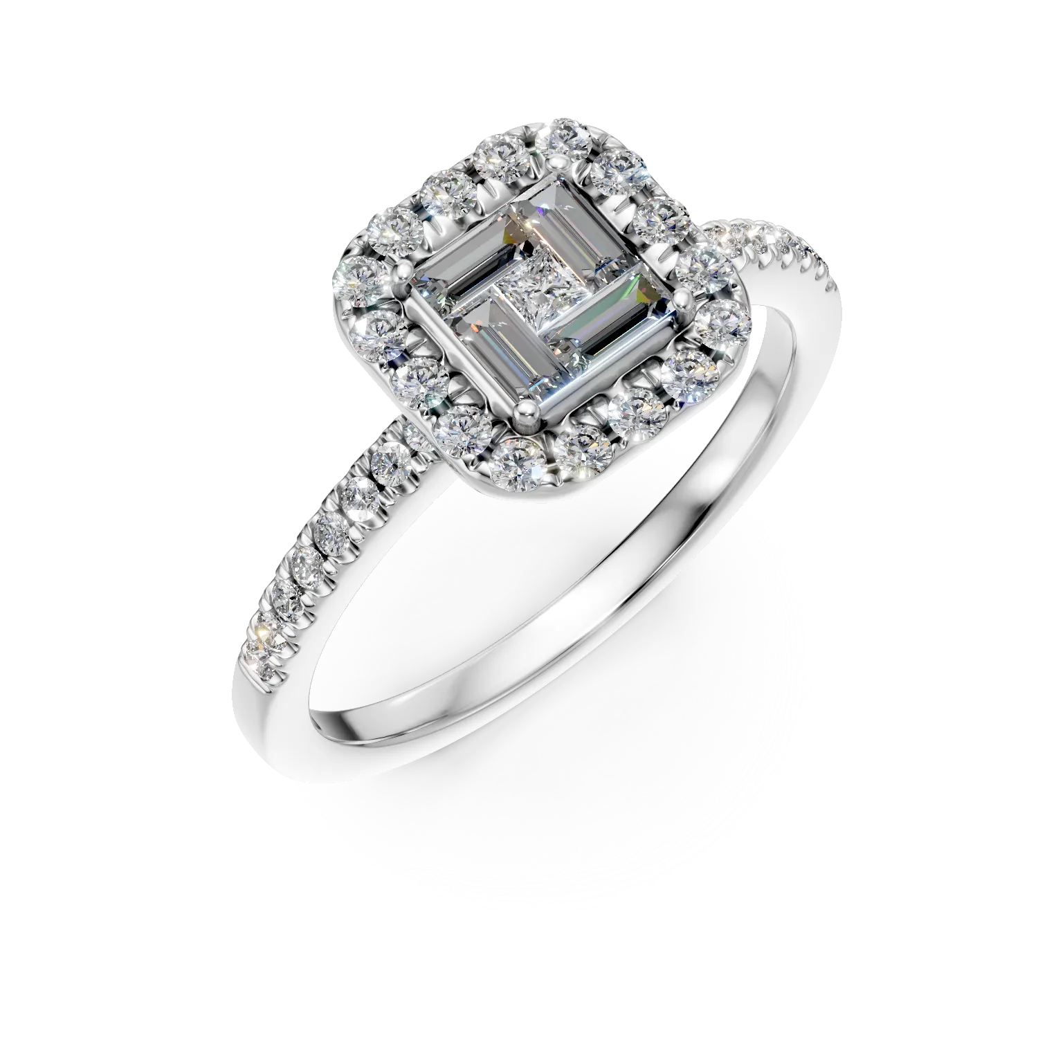 Inel de logodna din aur alb cu diamante baguette, princess si rotunde de 0.28ct 1 Inel de logodna din aur alb cu diamante baguette, princess si rotunde de 0.28ct