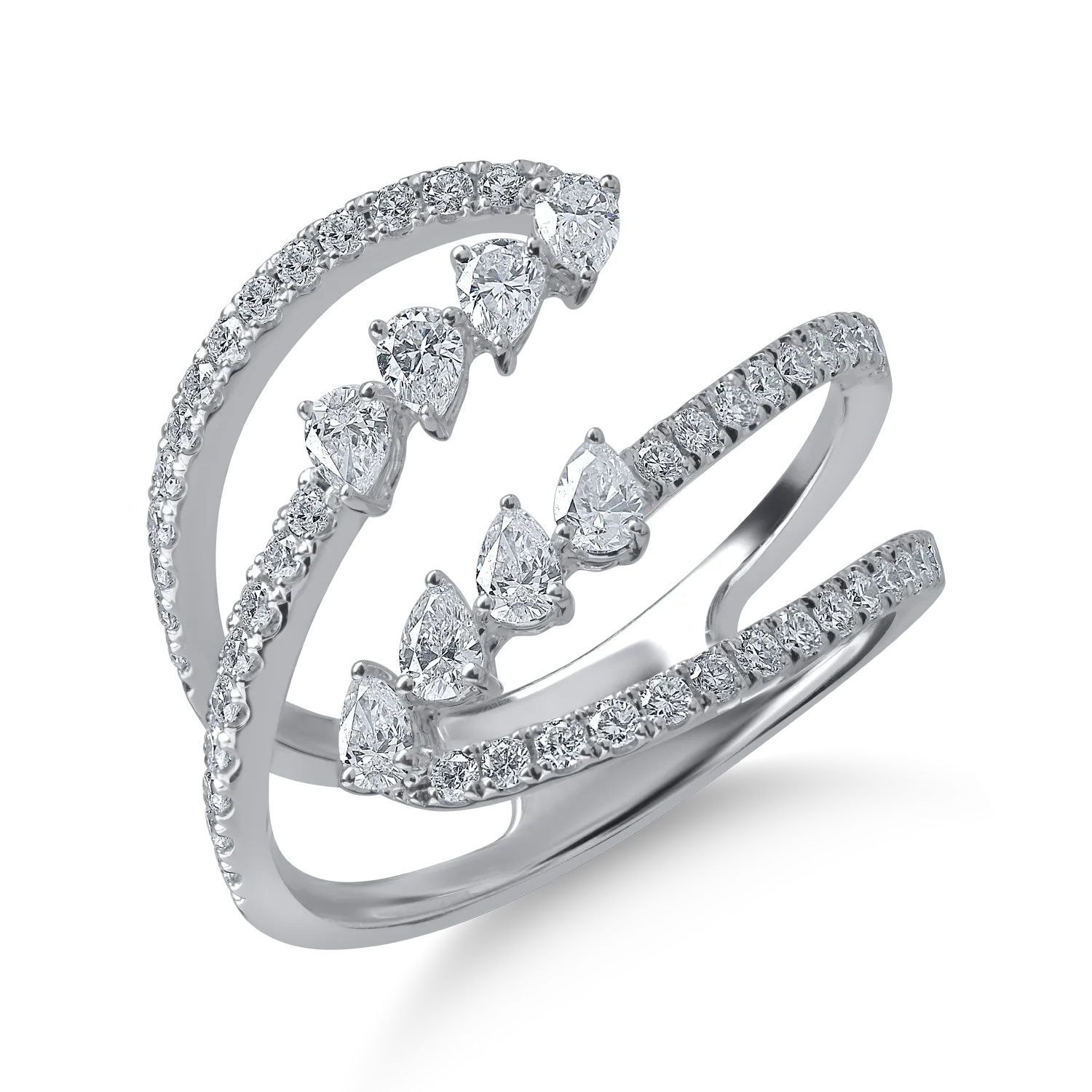Inel deschis din aur alb cu diamante pear si rotunde de 0.97ct 1 Inel deschis din aur alb cu diamante pear si rotunde de 0.97ct
