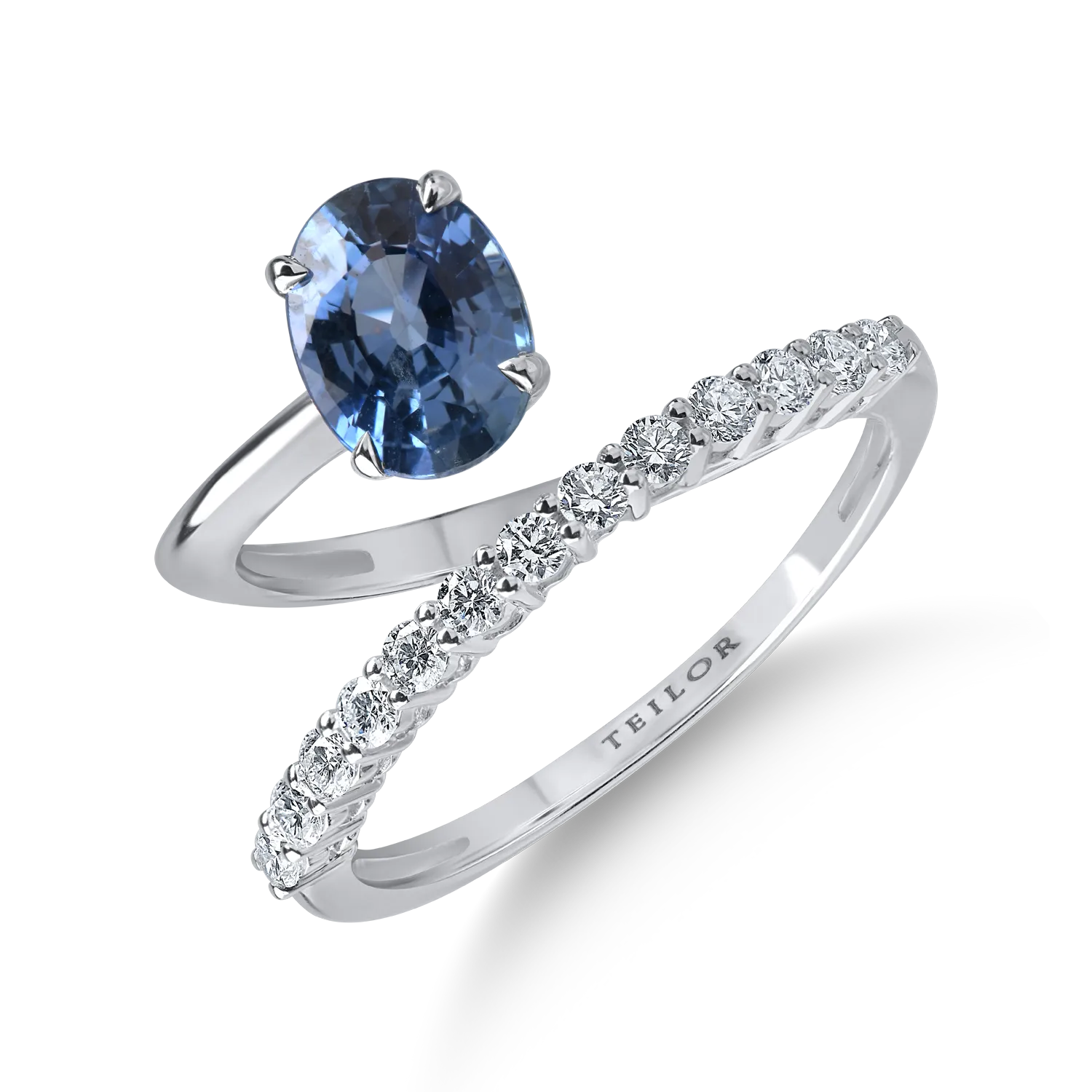 Inel deschis din aur alb cu safir albastru de 1.5ct si diamante de 0.31ct 1 Inel deschis din aur alb cu safir albastru de 1.5ct si diamante de 0.31ct