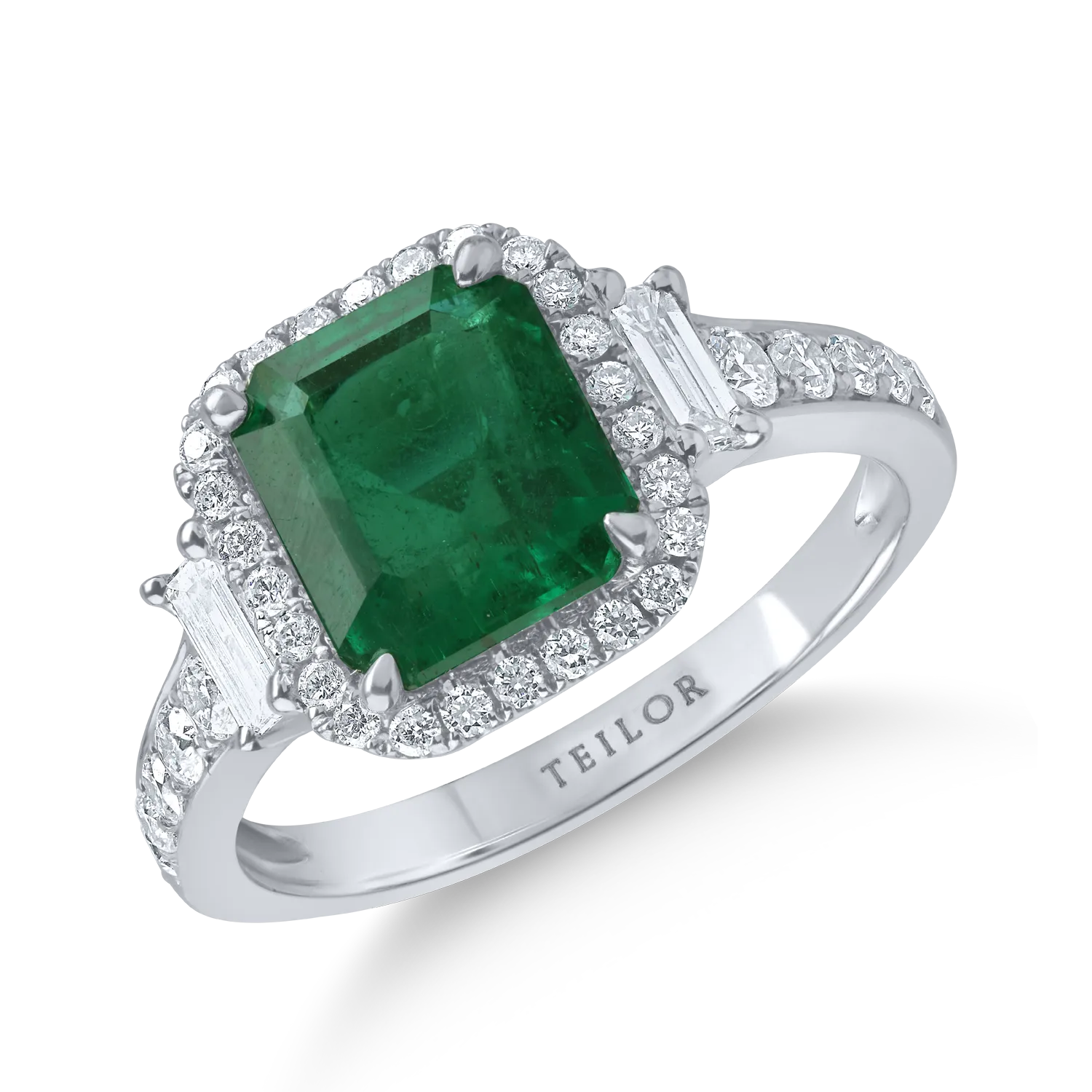 Inel din aur alb cu diamante baguette si rotunde de 0.91ct si smarald emerald de 2.32ct 1 Inel din aur alb cu diamante baguette si rotunde de 0.91ct si smarald emerald de 2.32ct