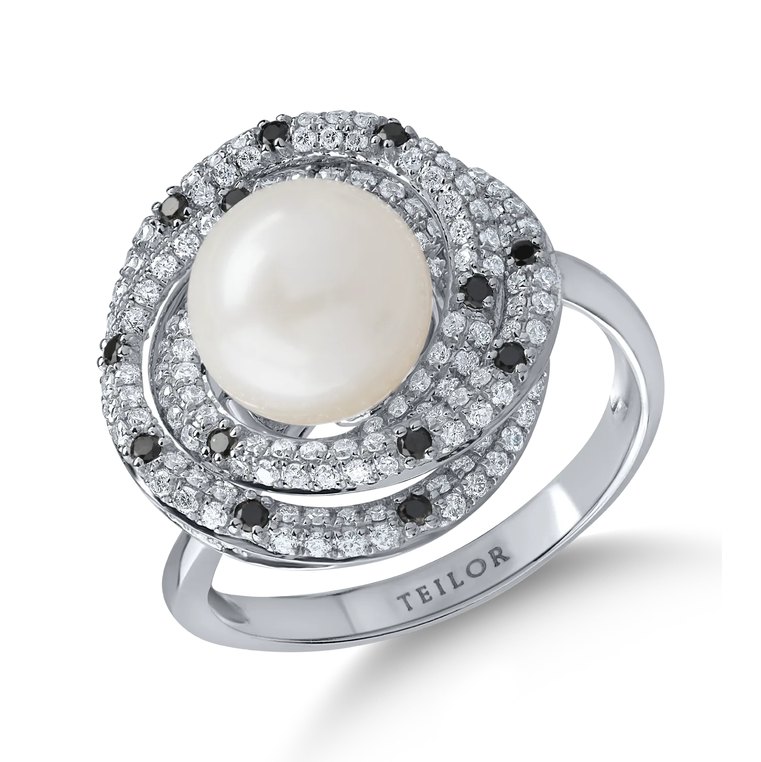 Inel din aur alb cu diamante negre si incolore de 0.7ct si perla de cultura