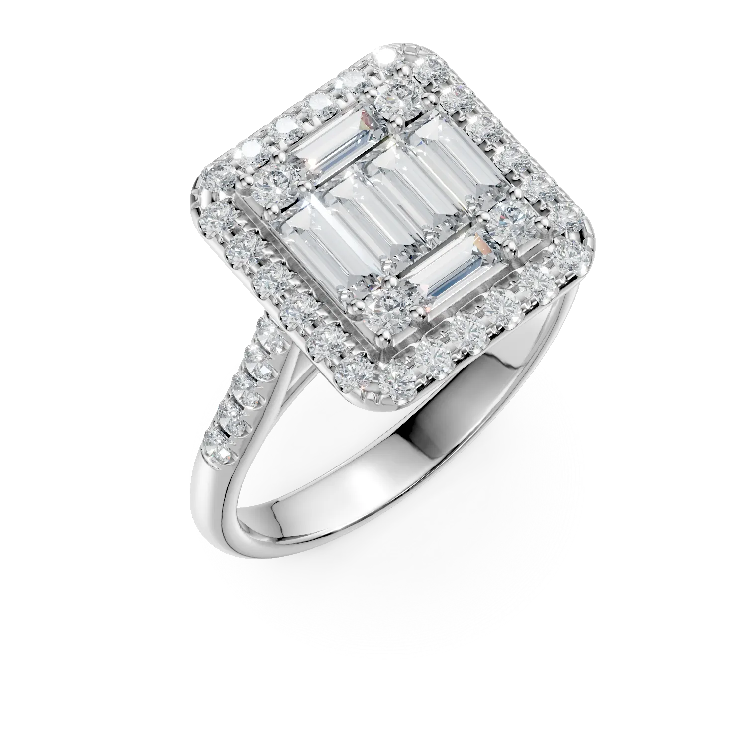 Inel din aur alb cu diamante baguette si rotunde de 1.1ct 1 Inel din aur alb cu diamante baguette si rotunde de 1.1ct