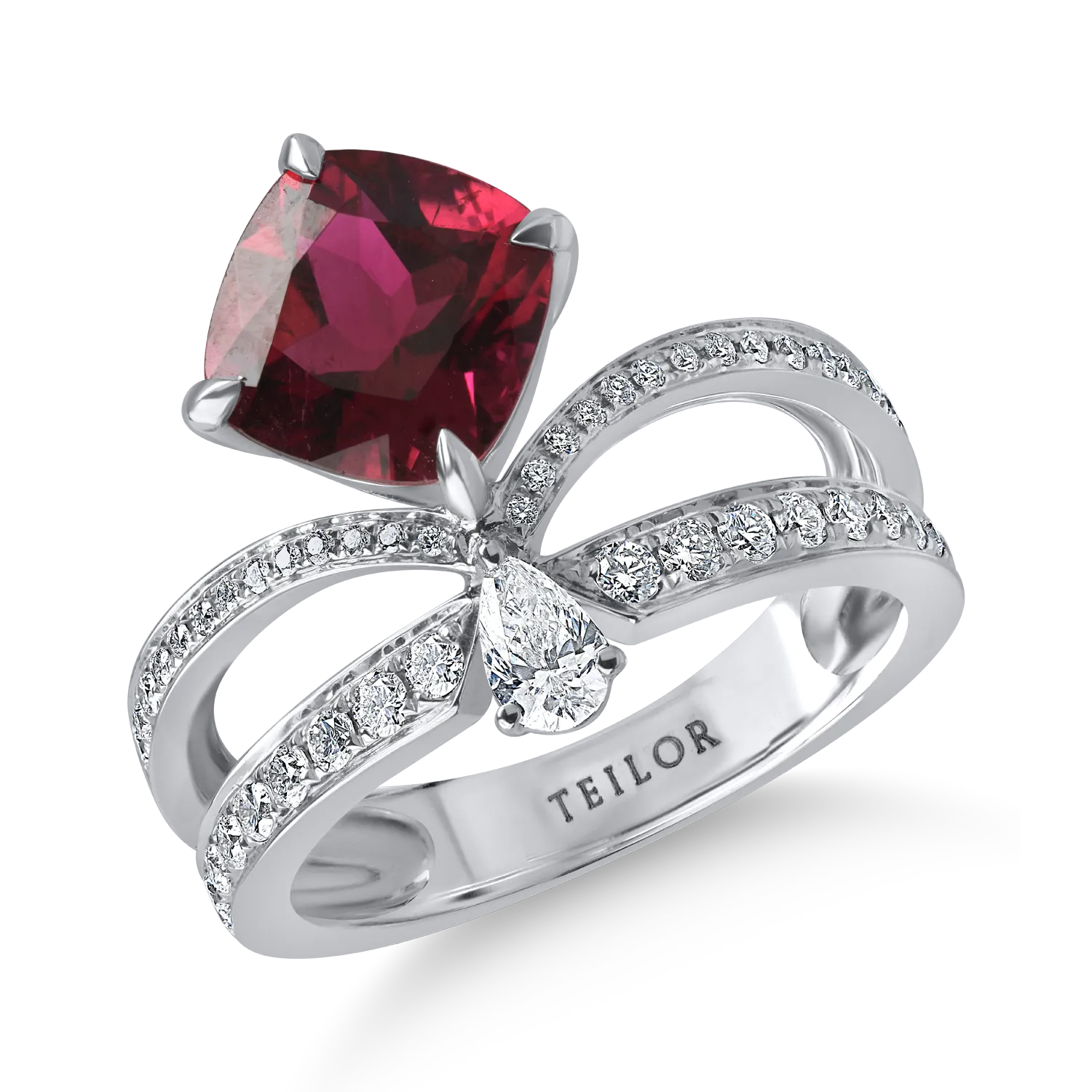 Inel din aur alb cu rubelit cushion de 2.21ct si diamant pear de 0.15ct 1 Inel din aur alb cu rubelit cushion de 2.21ct si diamant pear de 0.15ct