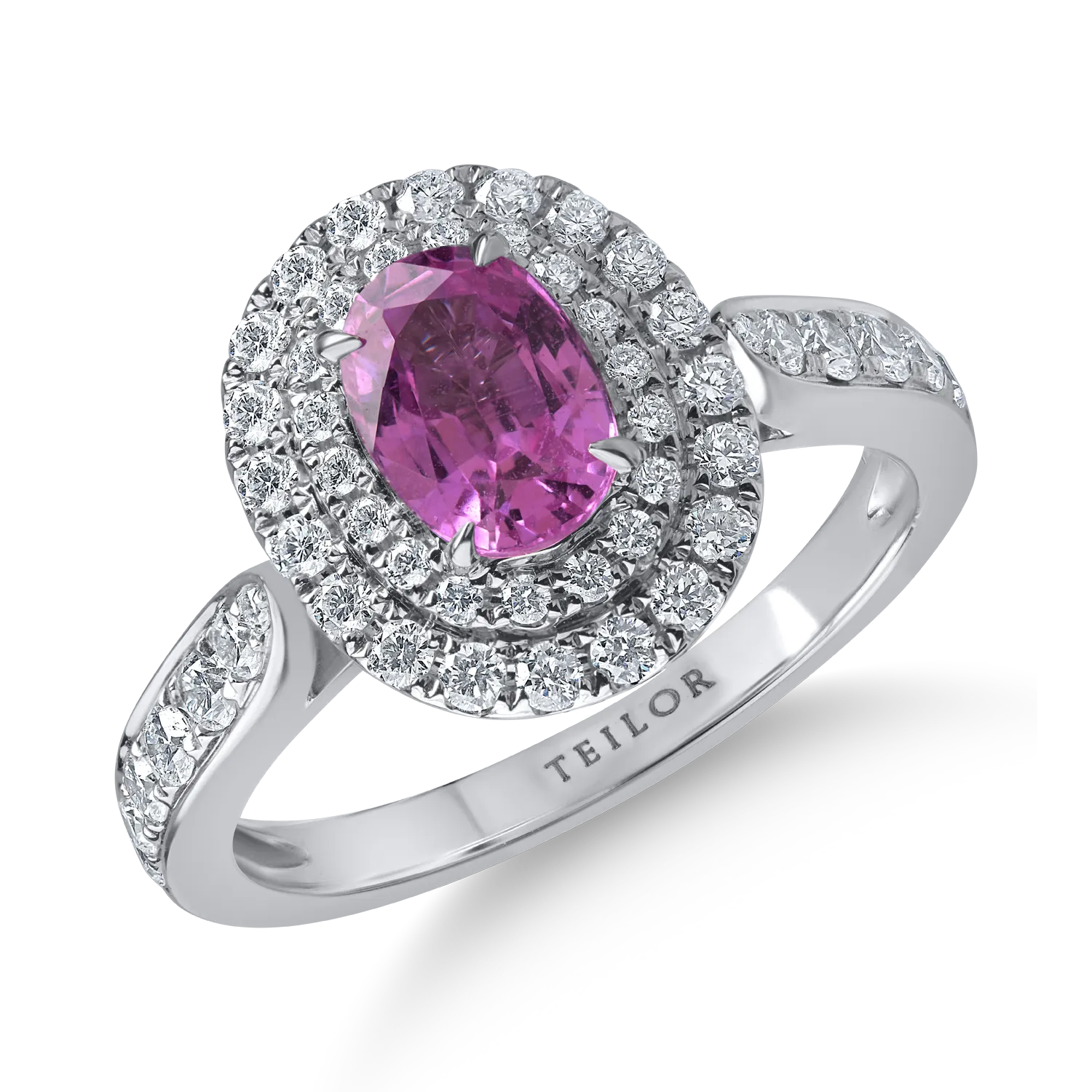 Inel din aur alb cu safir roz oval de 0.13ct si diamante de 0.6ct 1 Inel din aur alb cu safir roz oval de 0.13ct si diamante de 0.6ct