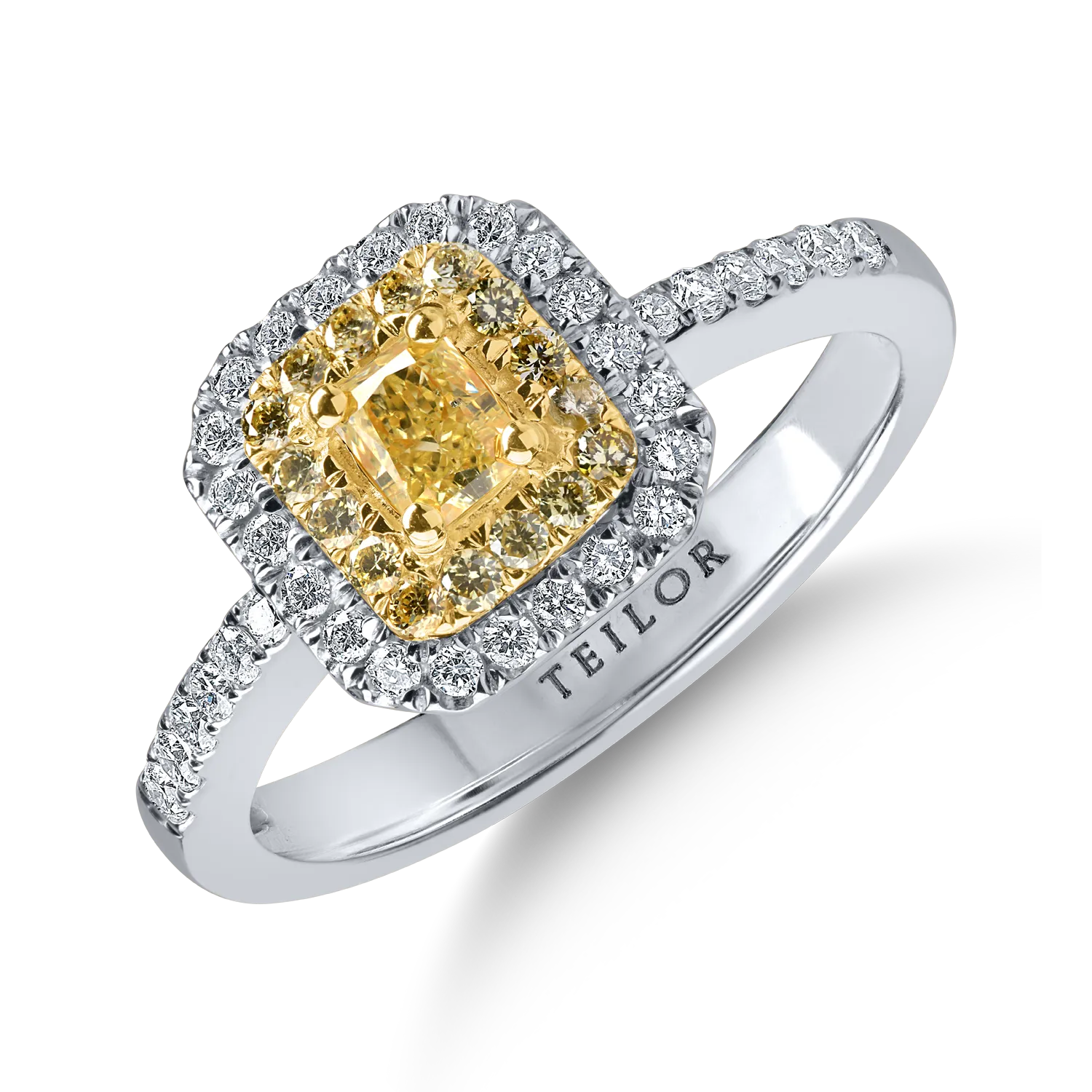 Inel din aur alb-galben cu diamante galbene si incolore de 0.67ct taietura cushion si round