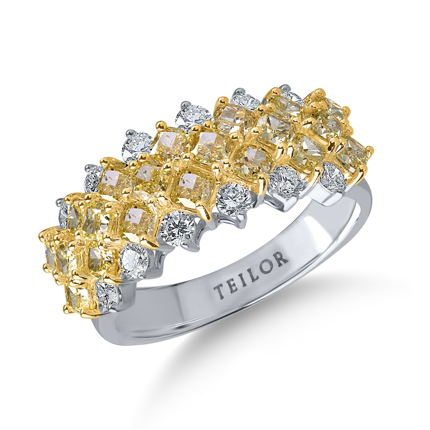 Inel din aur alb-galben cu diamante galbene si incolore de 2.9ct