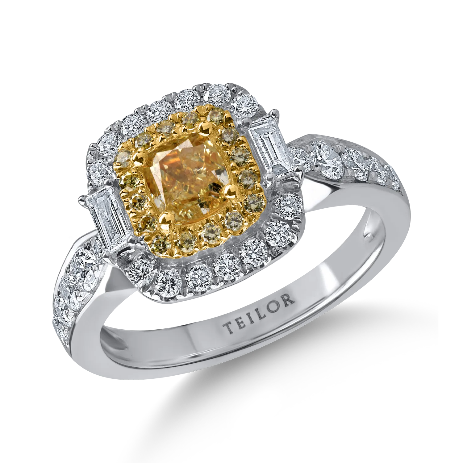 Inel din aur alb-galben cu diamante galbene rectangulare si rotunde si diamante incolore baguette si rotunde de 1.5ct
