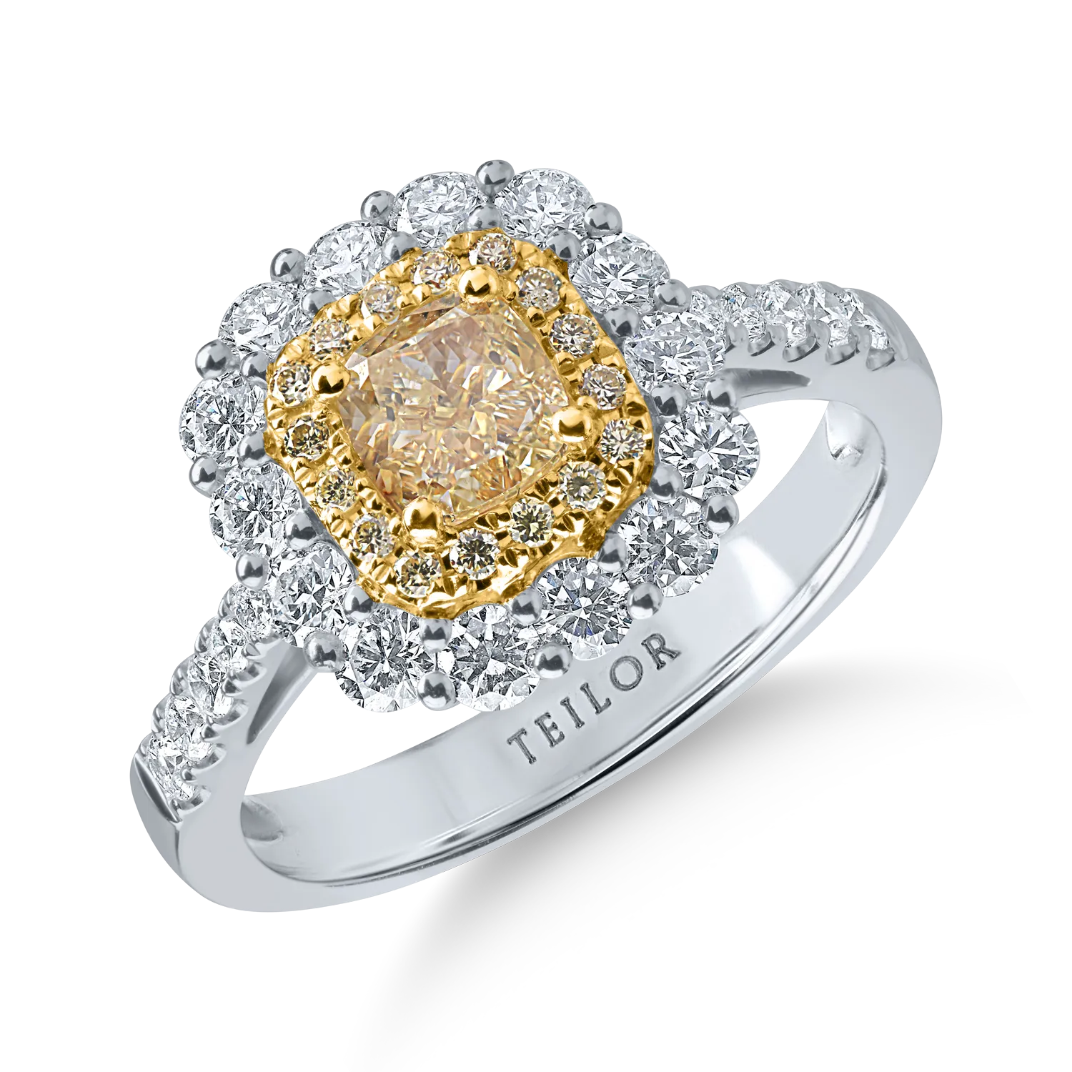 Inel din aur alb-galben cu un diamant galben cushion de 0.71ct si diamante galbene si incolore de 0.98ct