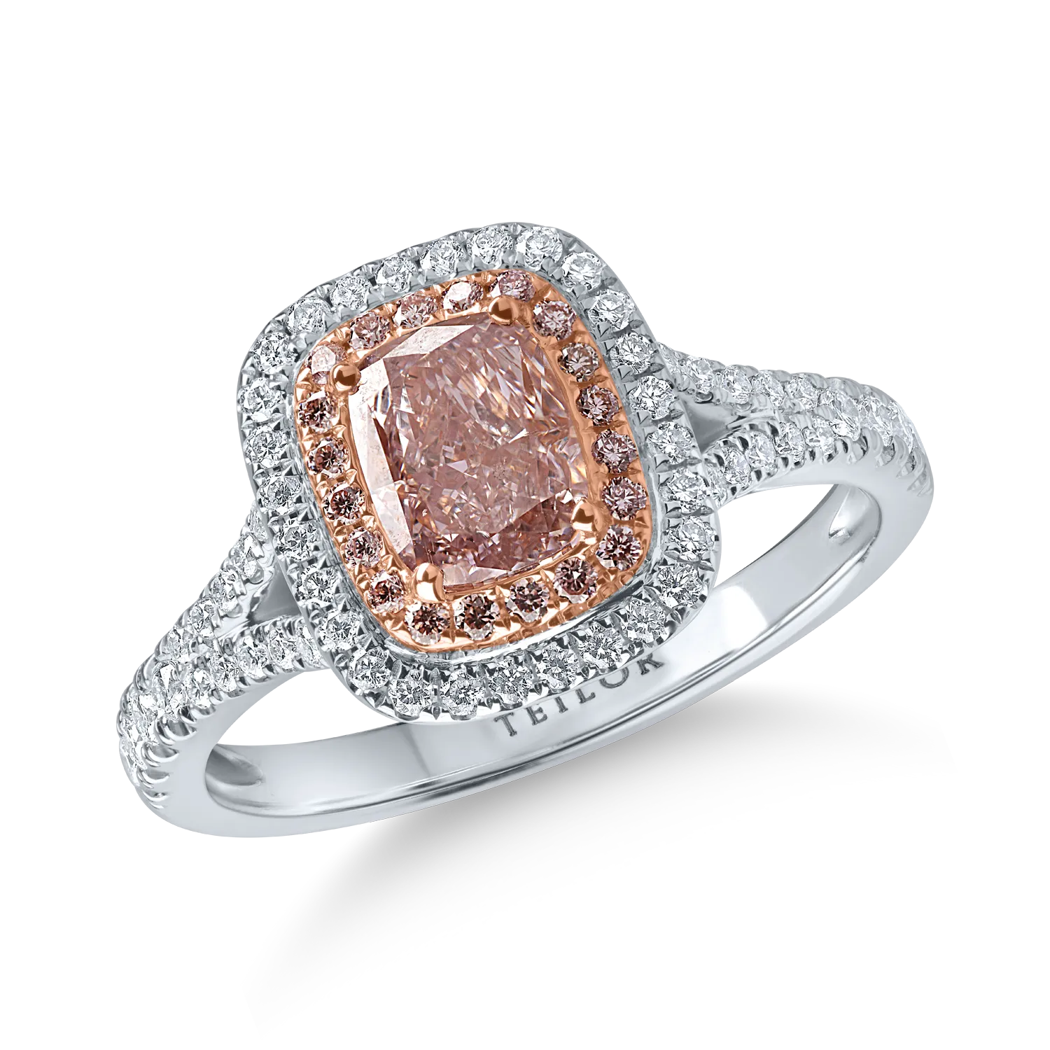 Inel din aur alb-roz cu diamant fancy roz de 1.01 si diamante roz si incolore de 0.46ct