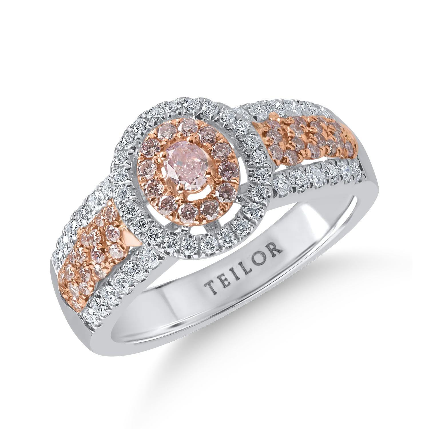 Inel din aur alb-roz cu diamante roz ovale si rotunde si diamante incolore de 0.71ct