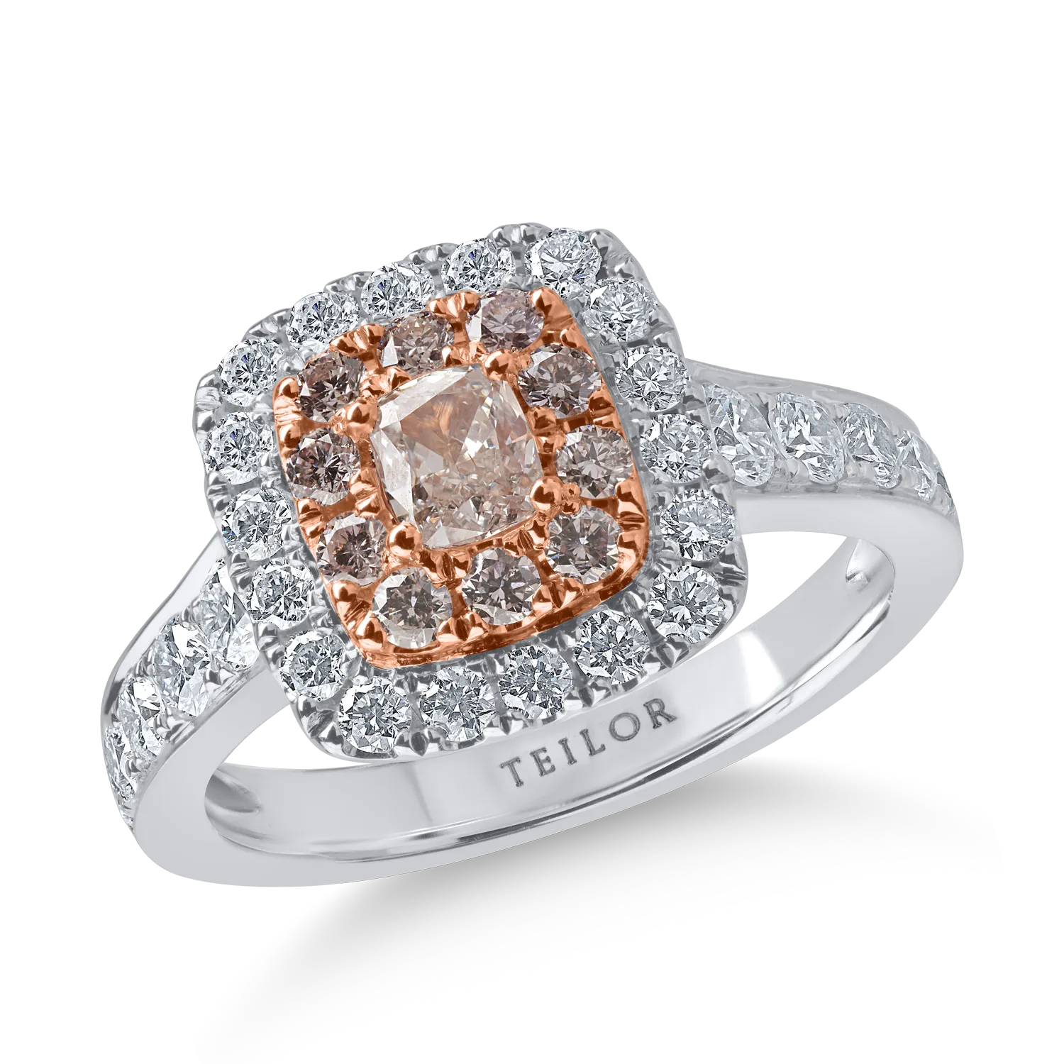 Inel din aur alb-roz cu diamante roz rectangulare si rotunde si diamante incolore de 1.47ct